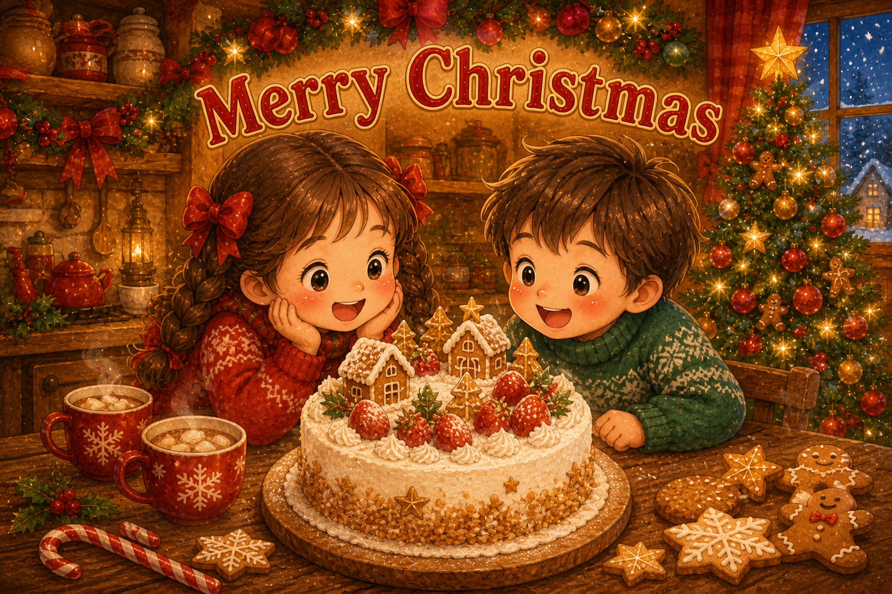 ケーキを囲む子どもたち｜かわいいクリスマスメッセージカードの無料イラスト96458に写真・文字を入れる