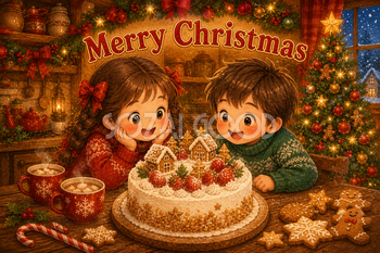 ケーキを囲む子どもたち｜かわいいクリスマスメッセージカードの無料イラスト96458