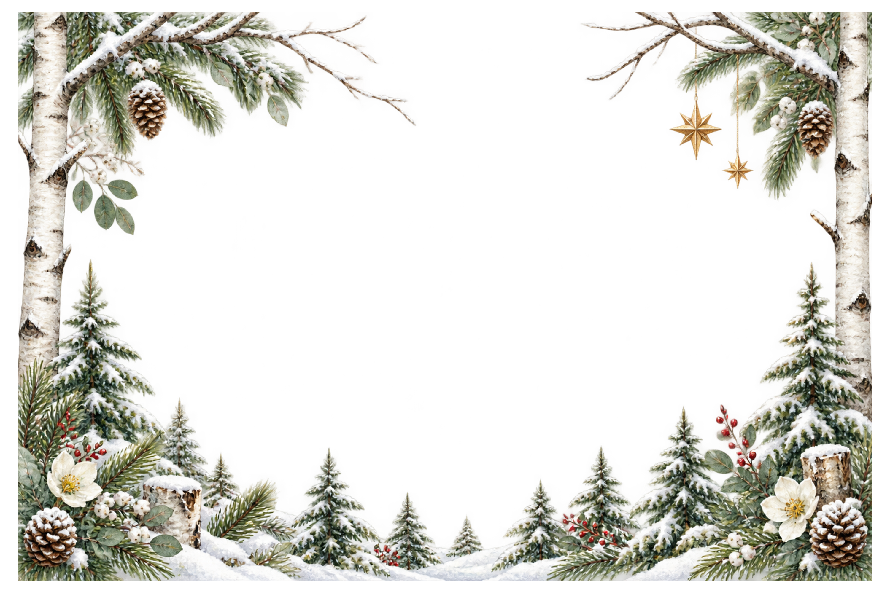 白樺ともみの木の雪景色｜おしゃれなクリスマスメッセージカード・フレームイラスト96466に写真・文字を入れる