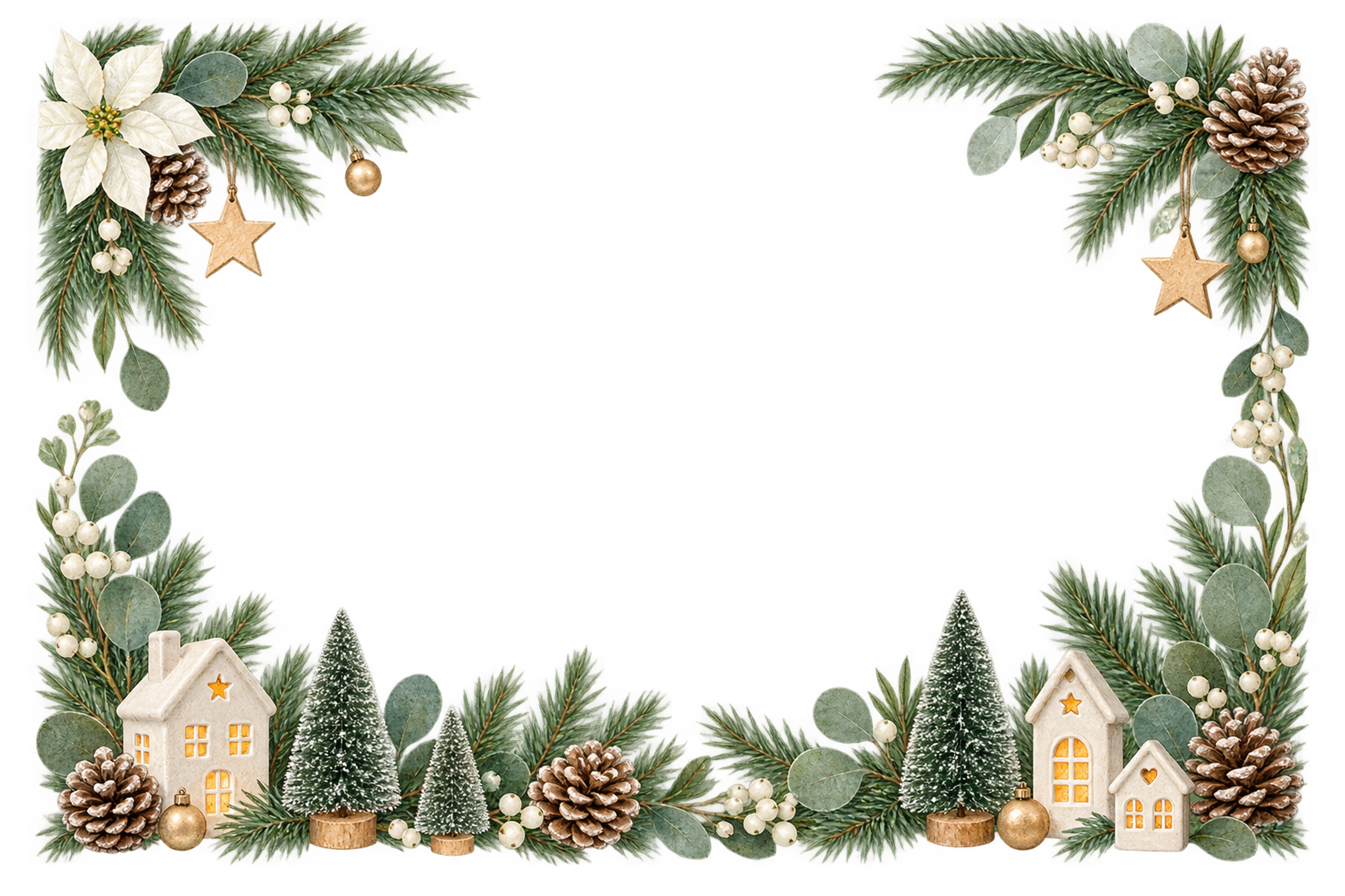白い陶器の家と小さなツリー｜おしゃれなクリスマスメッセージカード・フレームイラスト96478に写真・文字を入れる