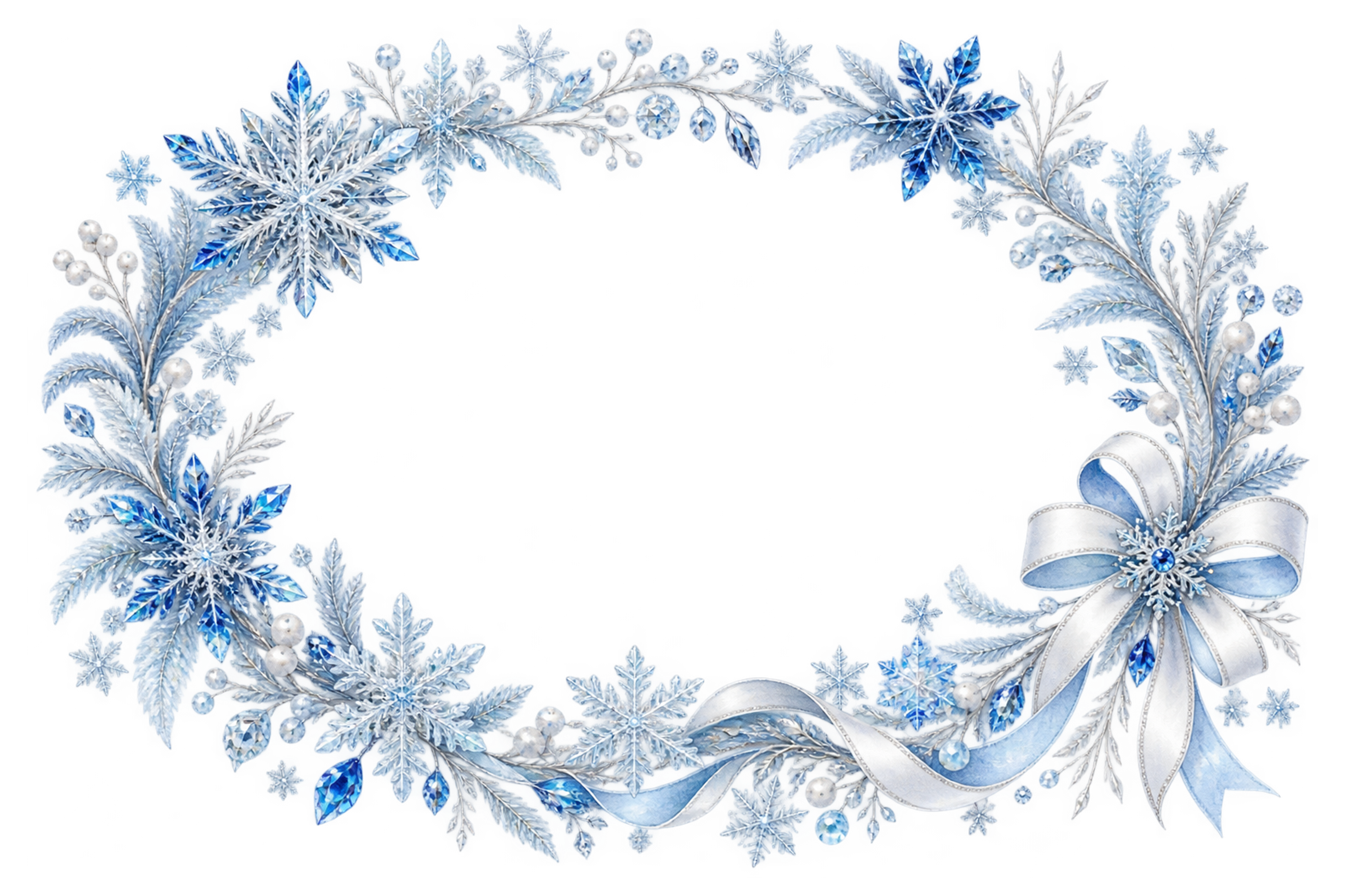 雪の結晶リースと白いリボン｜おしゃれなクリスマスメッセージカード・フレームイラスト96486に写真・文字を入れる
