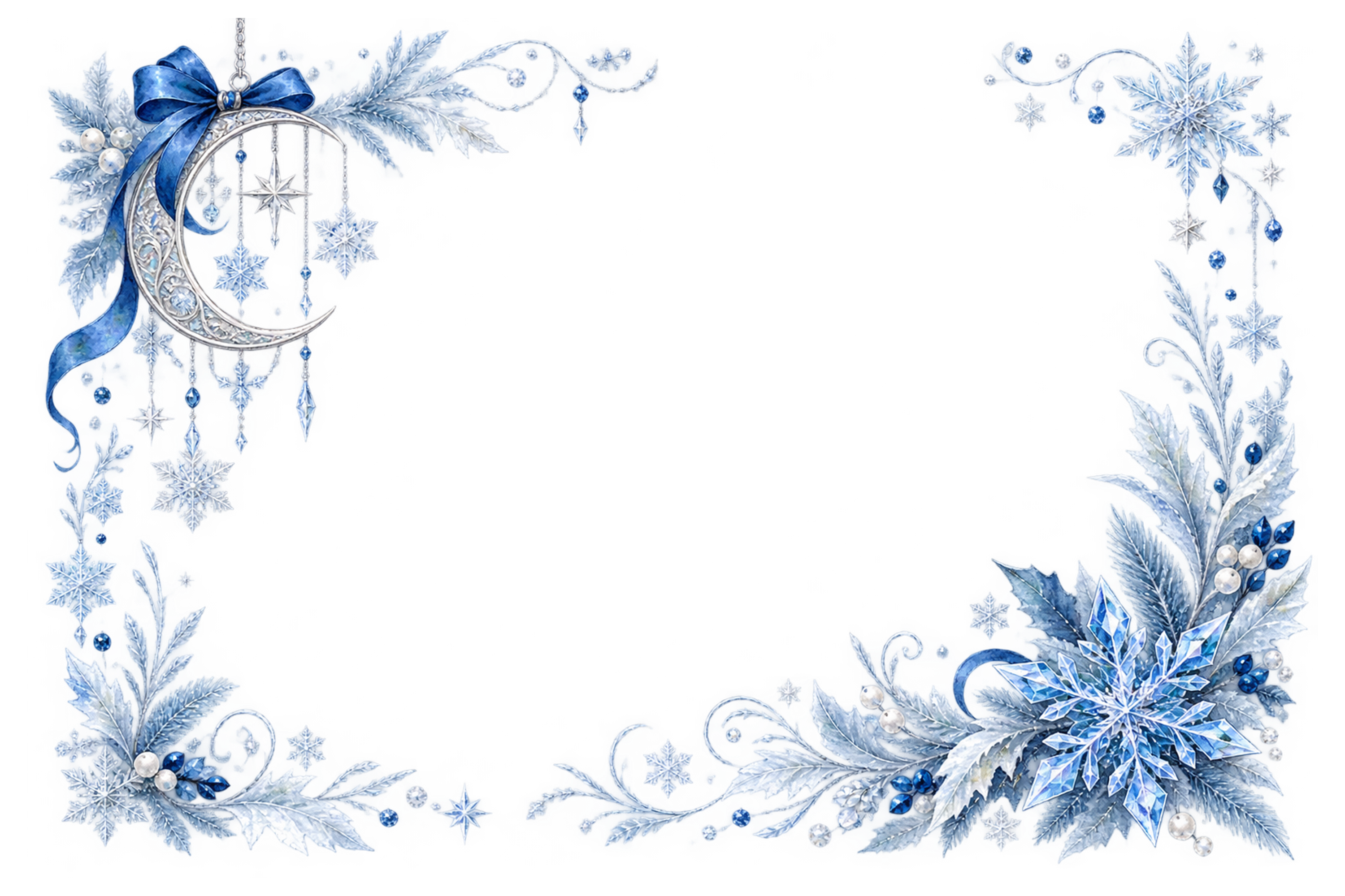 銀の三日月と青い雪の結晶｜おしゃれなクリスマスメッセージカード・フレームイラスト96490に写真・文字を入れる