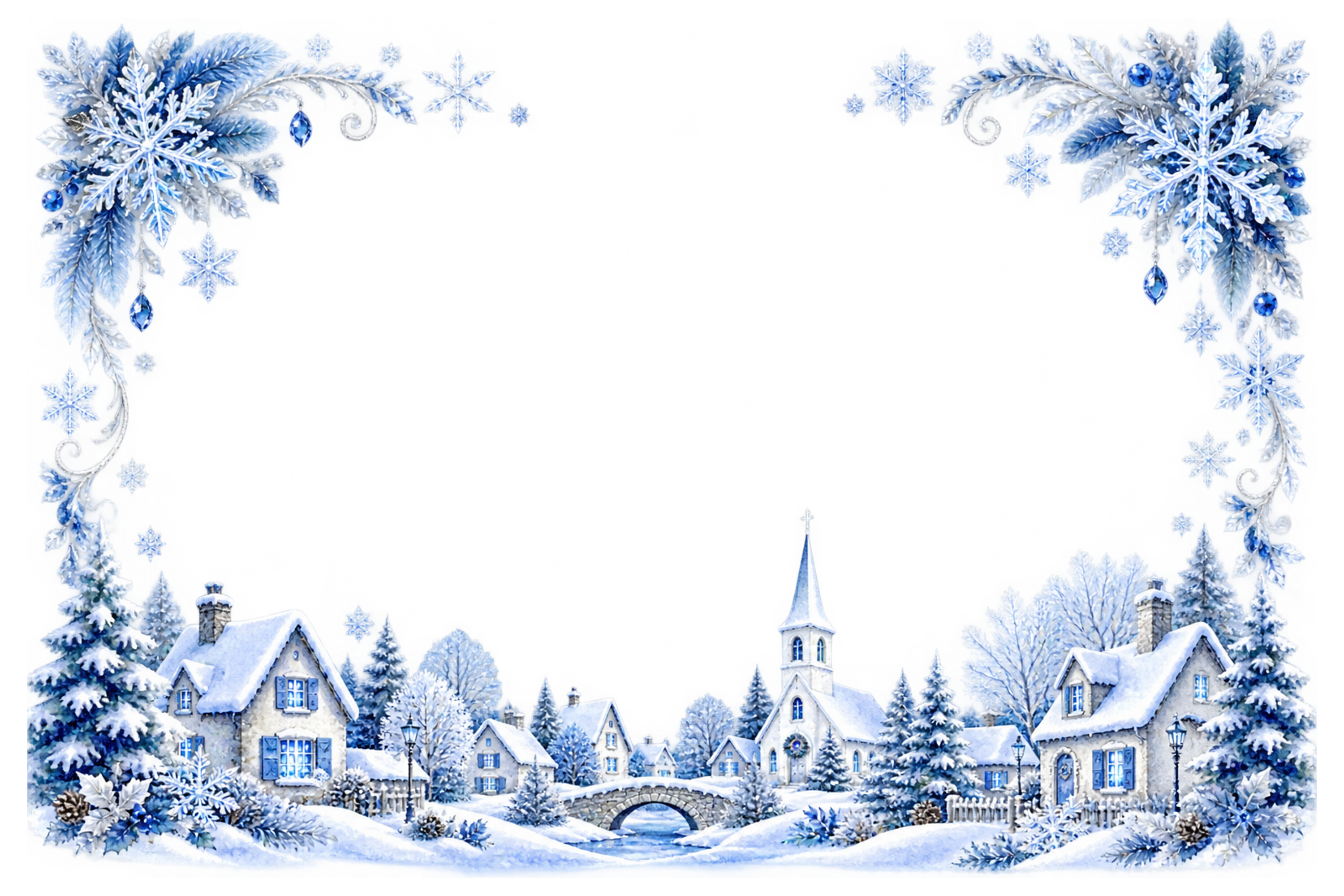 雪の村と銀色の雪の結晶｜おしゃれなクリスマスメッセージカード・フレームイラスト96492に写真・文字を入れる