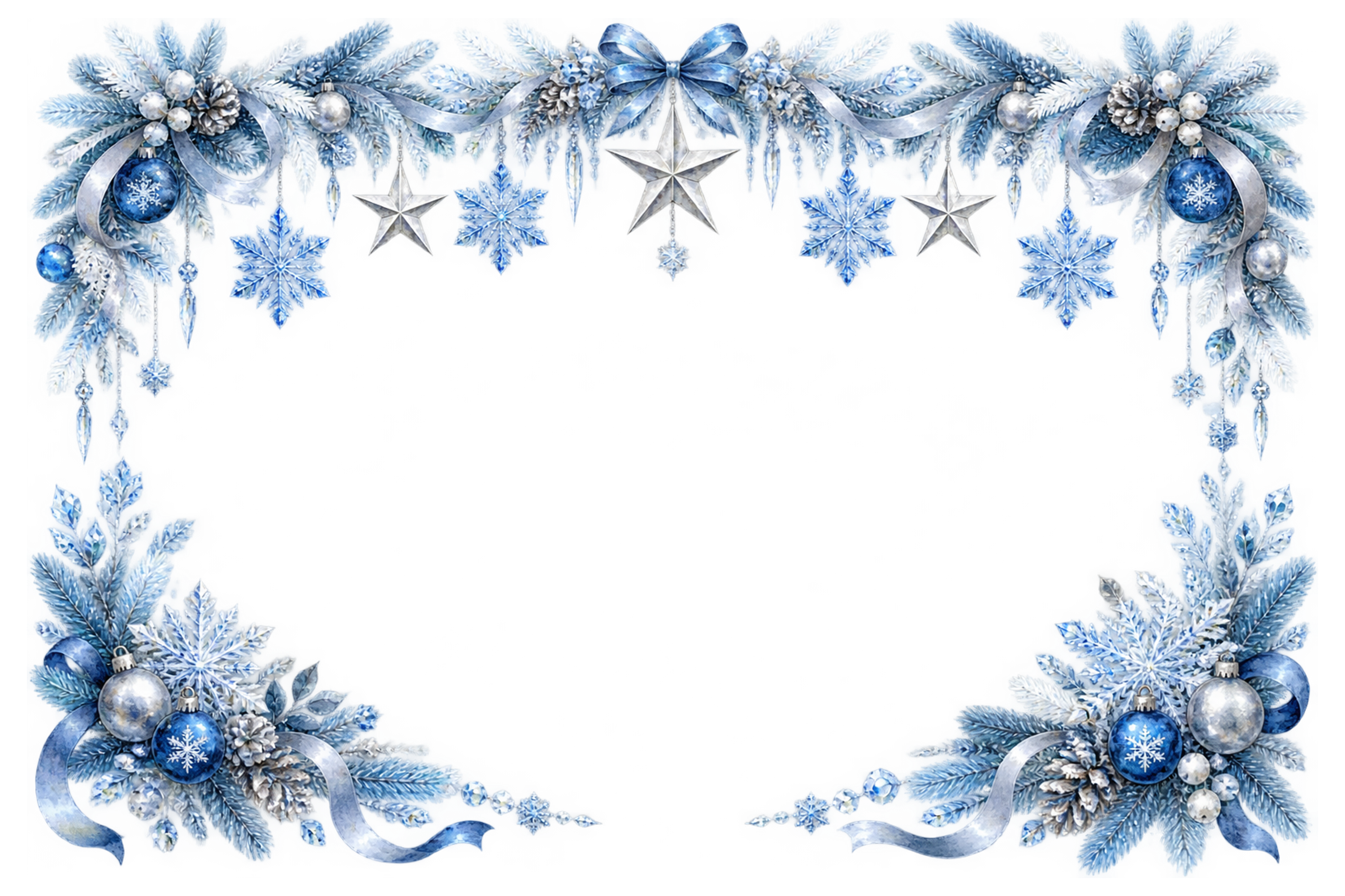 銀の星と雪の結晶の吊り下げ飾り｜おしゃれなクリスマスメッセージカード・フレームイラスト96494に写真・文字を入れる