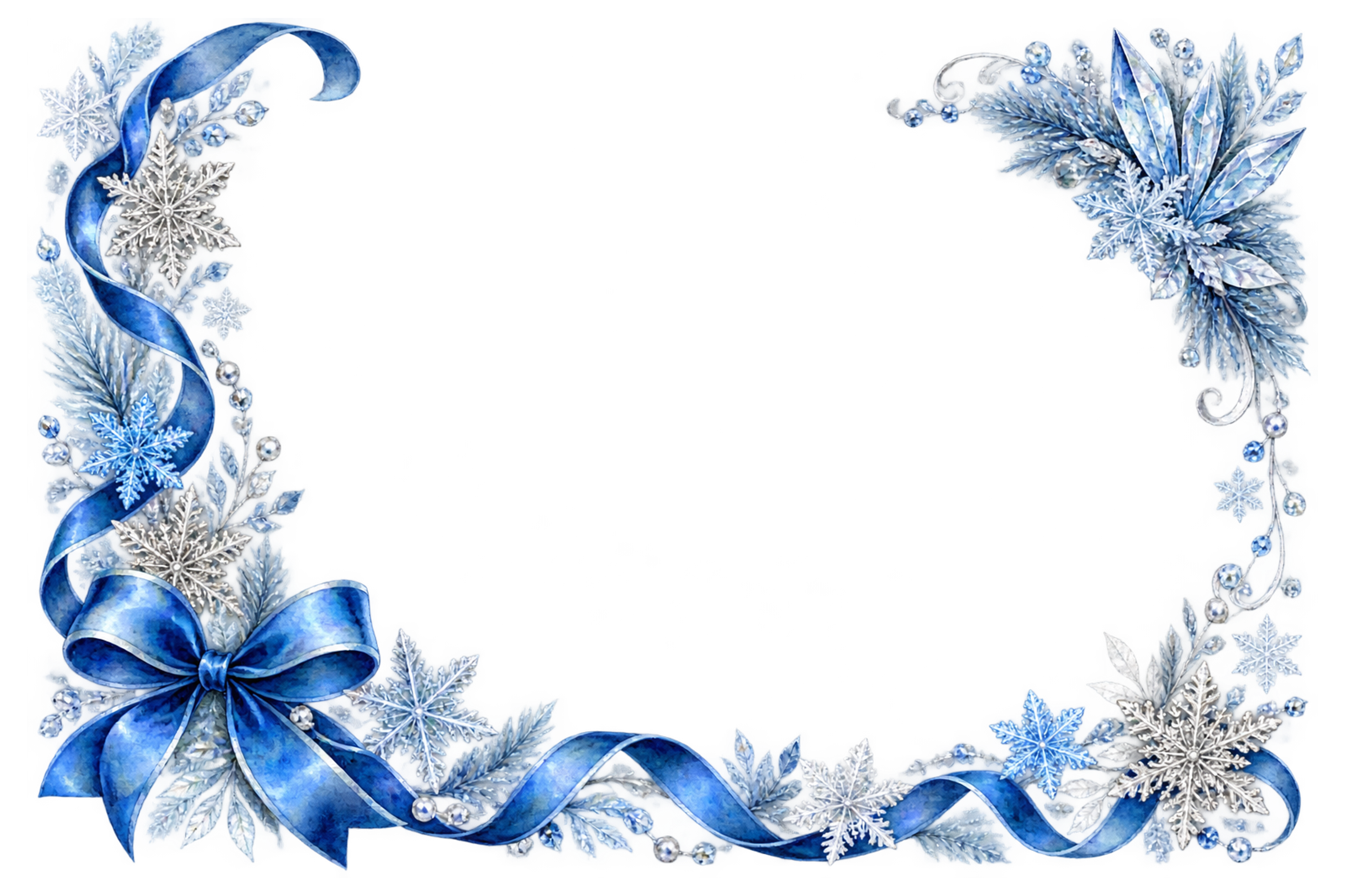 青いサテンリボンと雪の結晶｜おしゃれなクリスマスメッセージカード・フレームイラスト96496に写真・文字を入れる