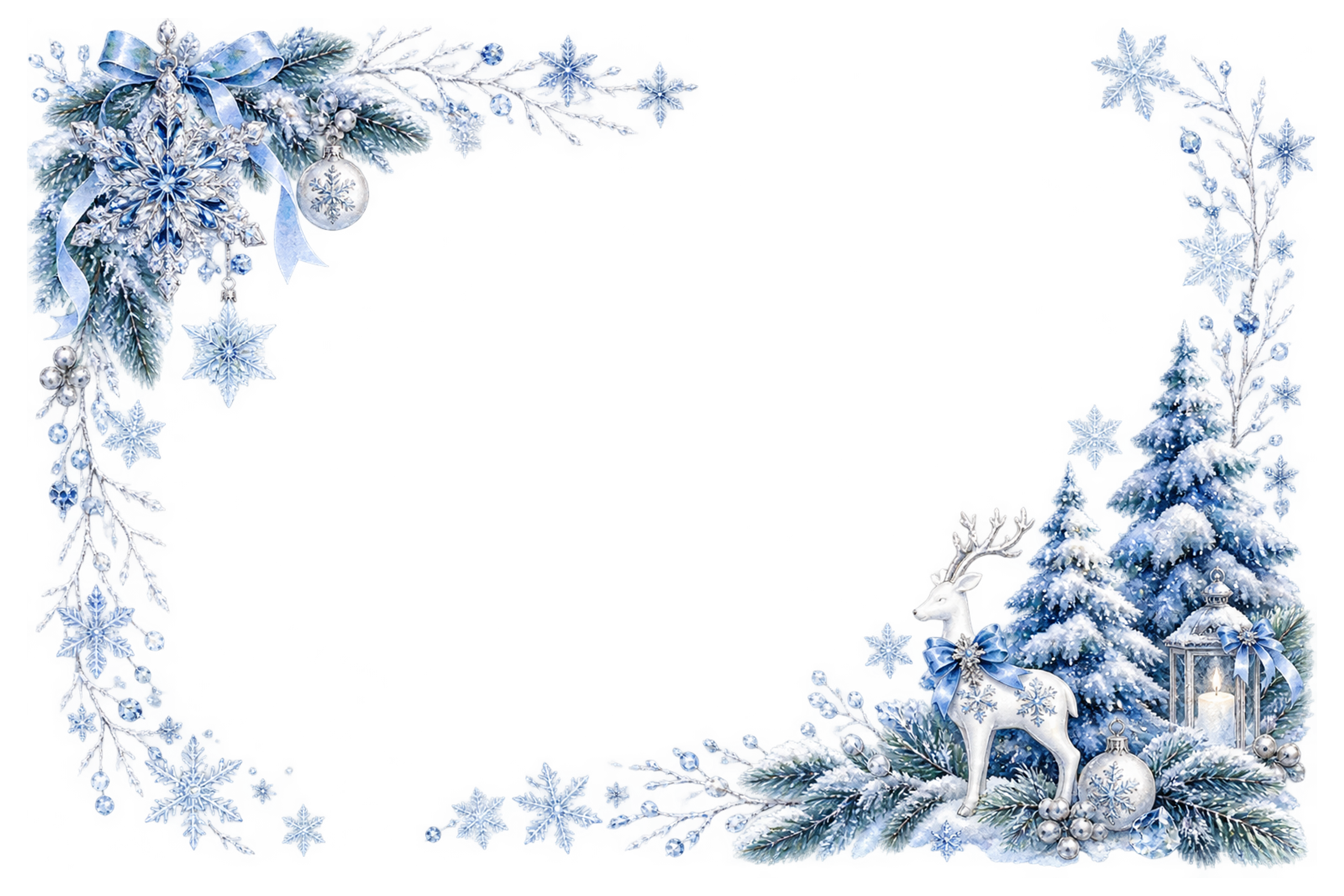 白いトナカイの飾りと雪の森｜おしゃれなクリスマスメッセージカード・フレームイラスト96501に写真・文字を入れる