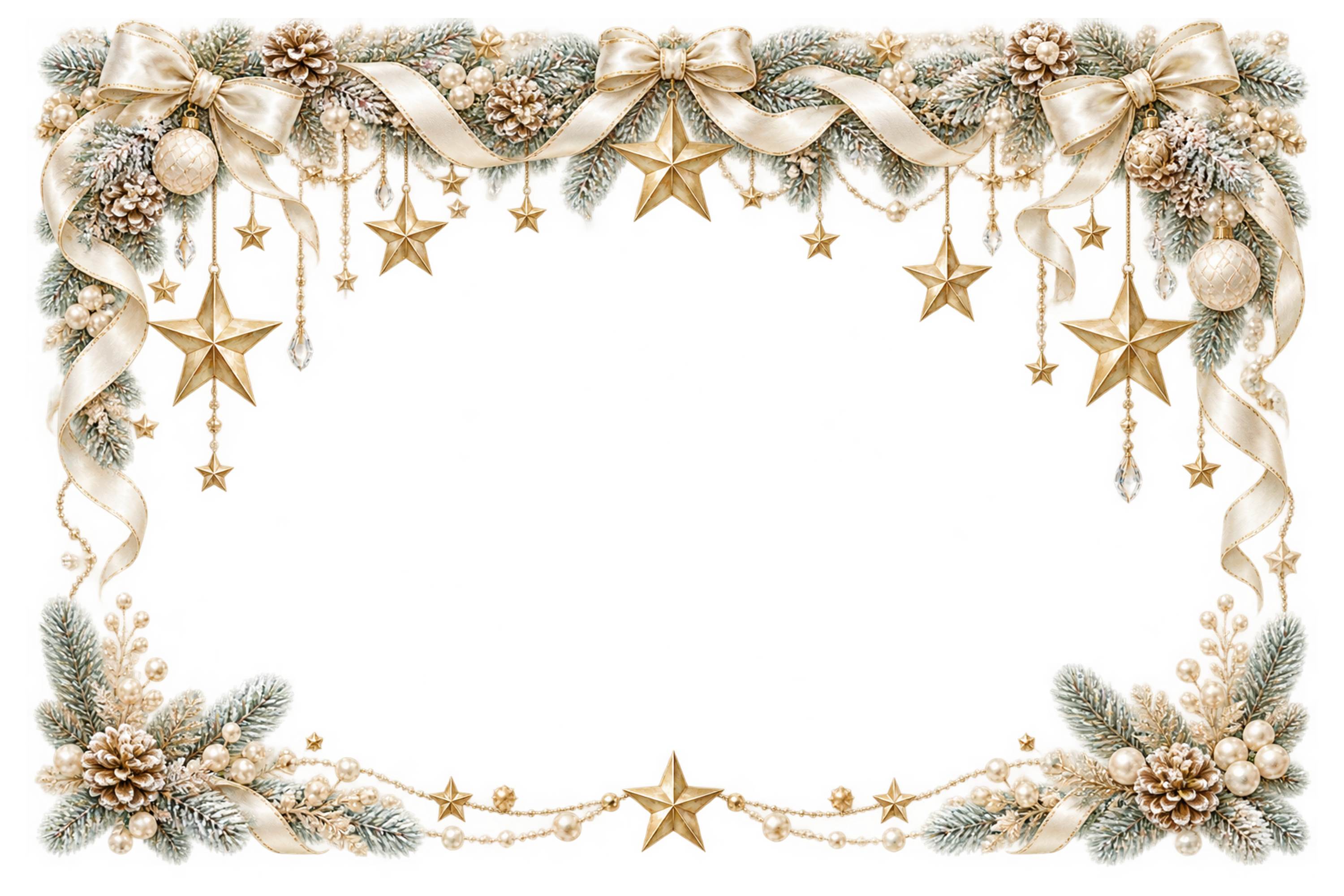 金の星と白いリボンのガーランド｜おしゃれなクリスマスメッセージカード・フレームイラスト96508に写真・文字を入れる