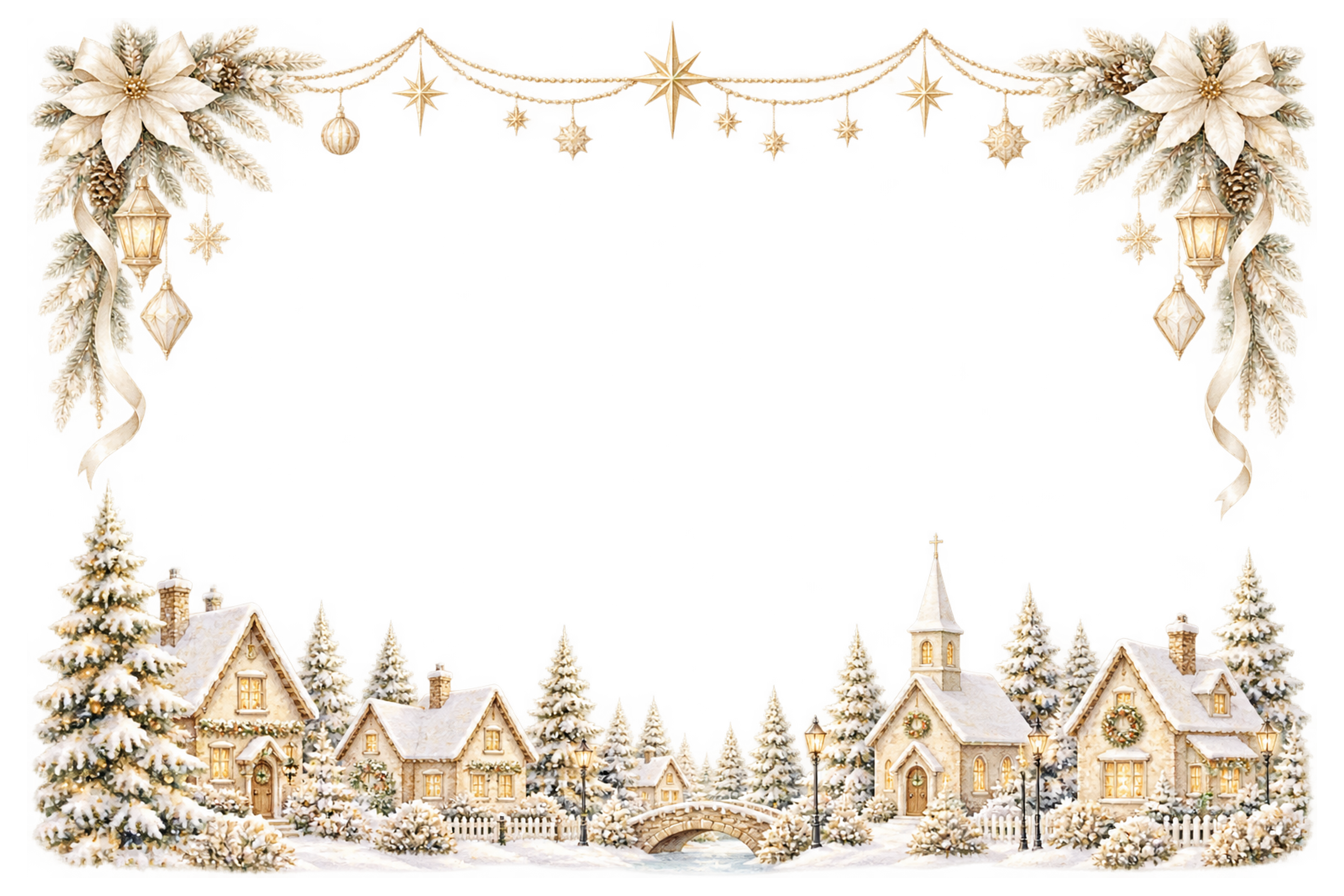 雪の村と金の星｜おしゃれなクリスマスメッセージカード・フレームイラスト96518に写真・文字を入れる
