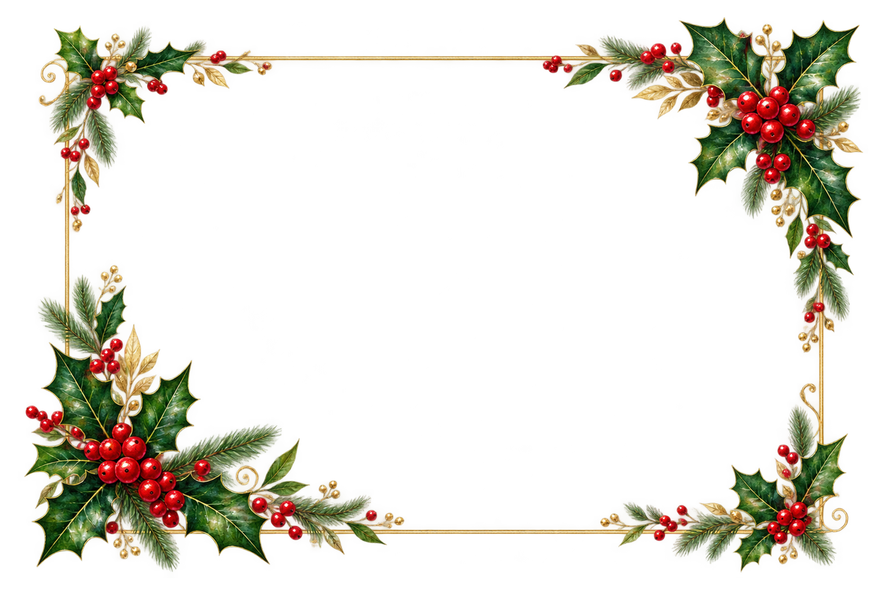 ヒイラギと赤い実の金枠｜おしゃれなクリスマスメッセージカード・フレームの無料イラスト96526に写真・文字を入れる