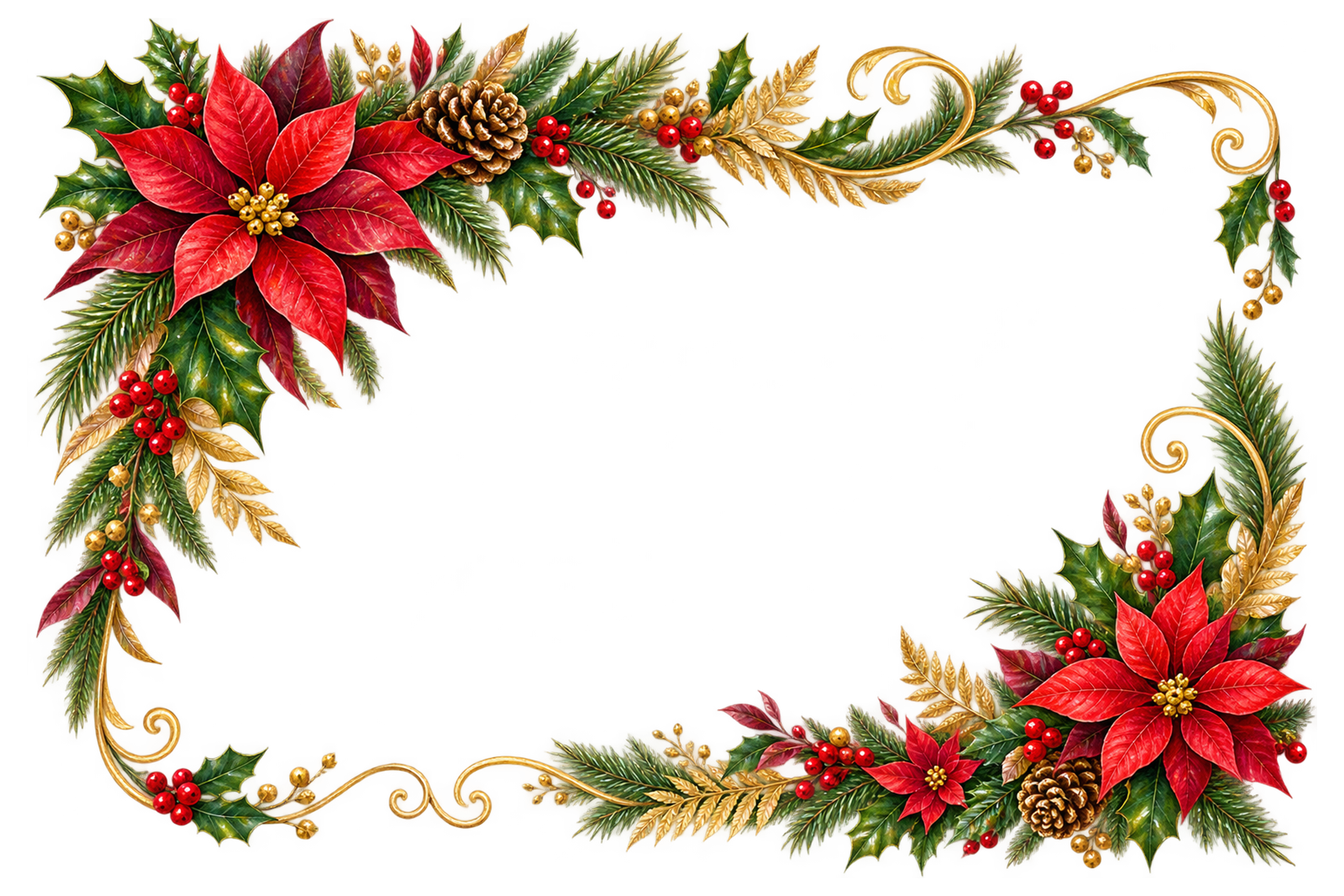 赤いポインセチアと金の葉｜おしゃれなクリスマスメッセージカード・フレームの無料イラスト96527に写真・文字を入れる
