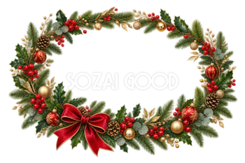 赤いリボンのクリスマスリース｜おしゃれなクリスマスメッセージカード・フレームの無料イラスト96529