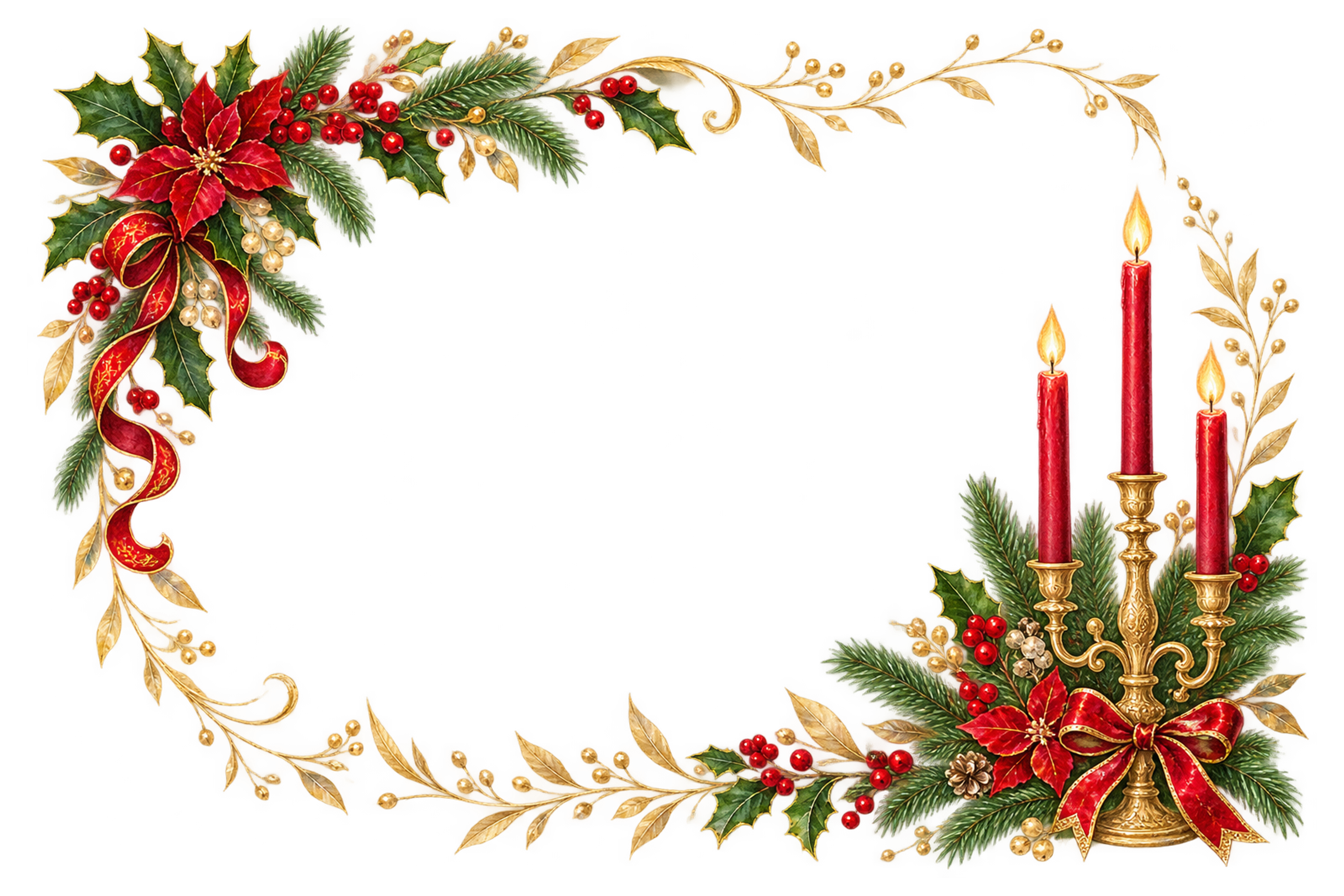 赤いキャンドルと金の燭台｜おしゃれなクリスマスメッセージカード・フレームの無料イラスト96530に写真・文字を入れる