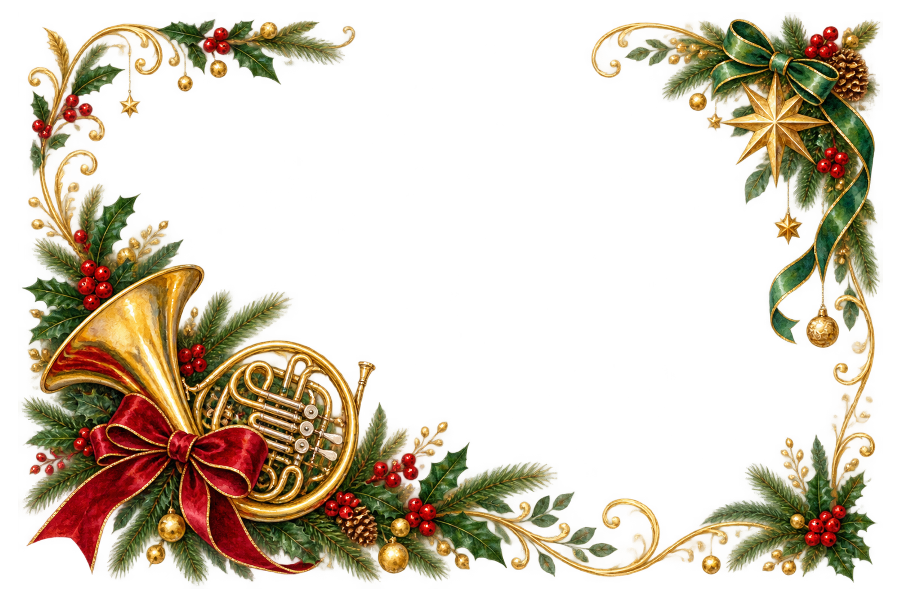 金のホルンと赤いリボン｜おしゃれなクリスマスメッセージカード・フレームの無料イラスト96534に写真・文字を入れる