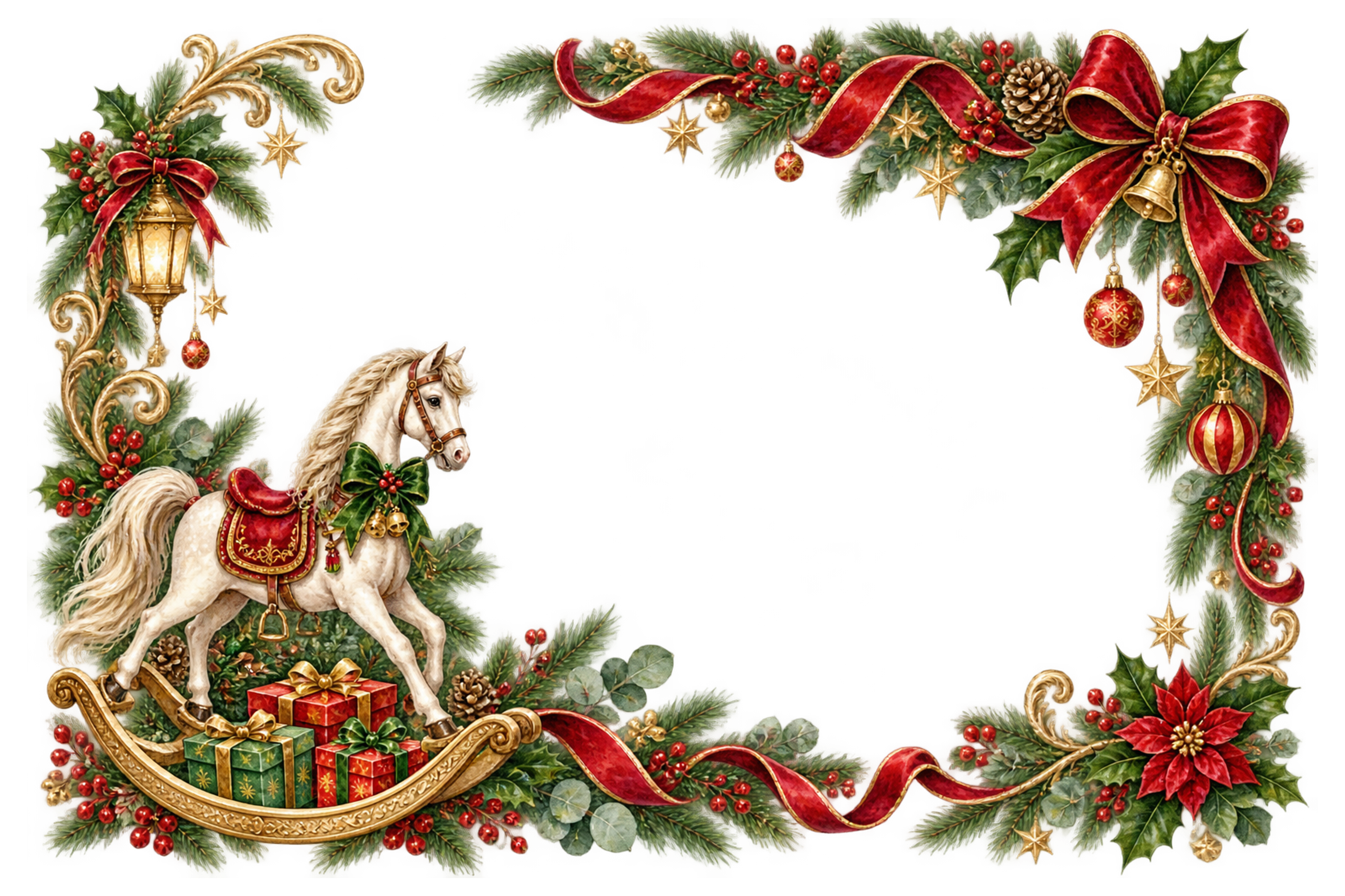 白い木馬と赤い飾り｜おしゃれなクリスマスメッセージカード・フレームの無料イラスト96536に写真・文字を入れる