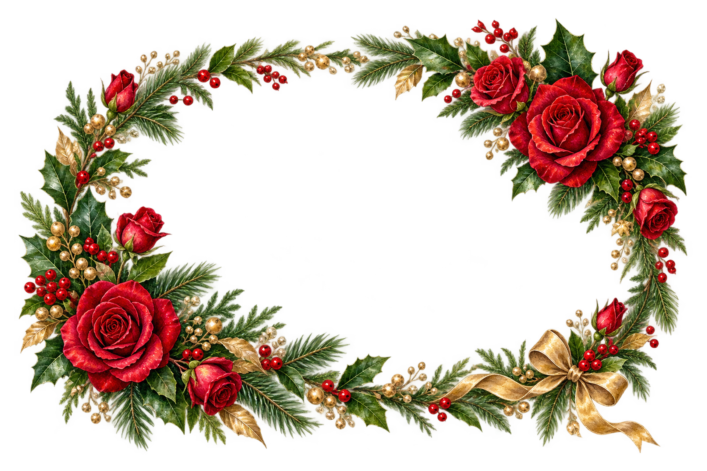 赤いバラと緑の葉のリース｜おしゃれなクリスマスメッセージカード・フレームの無料イラスト96538に写真・文字を入れる