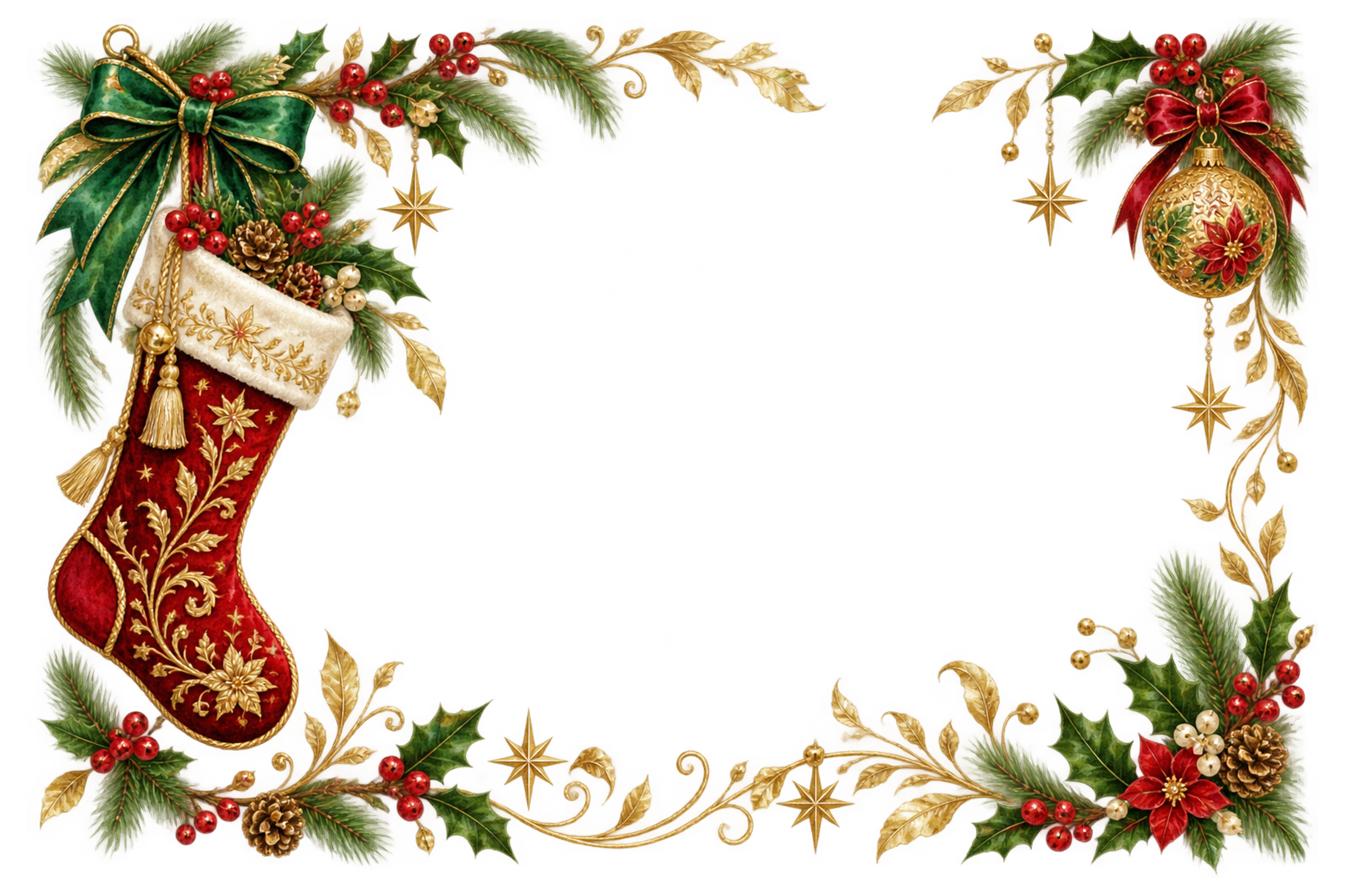 赤い靴下と金の刺繍｜おしゃれなクリスマスメッセージカード・フレームの無料イラスト96539に写真・文字を入れる