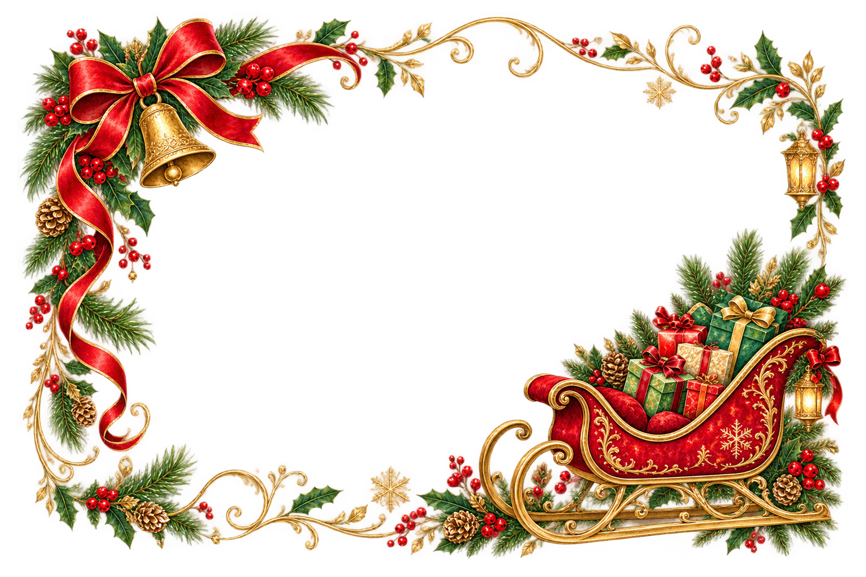 赤いそりとクリスマスギフト｜おしゃれなクリスマスメッセージカード・フレームの無料イラスト96540に写真・文字を入れる