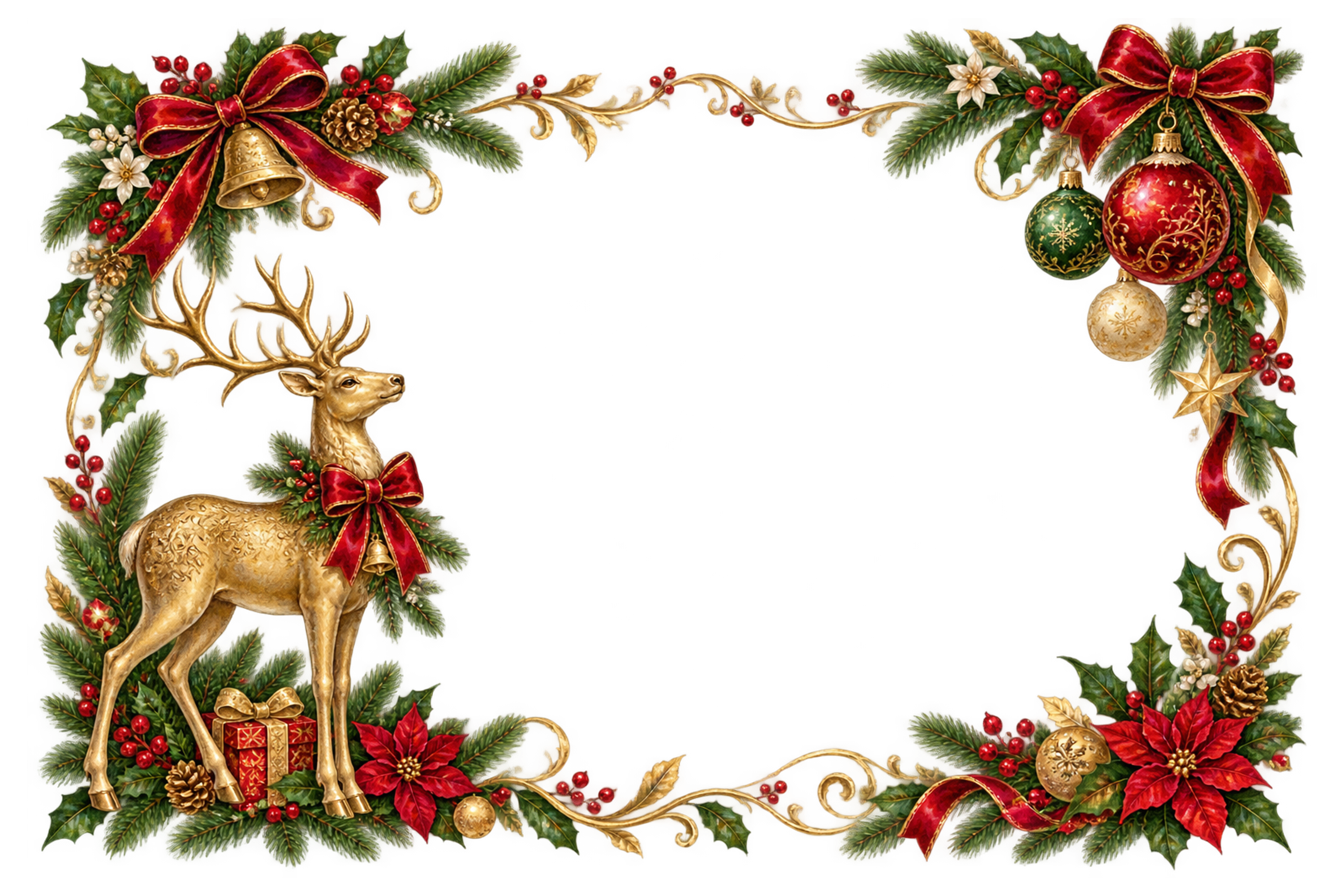 金のトナカイと緑の枝｜おしゃれなクリスマスメッセージカード・フレームの無料イラスト96541に写真・文字を入れる