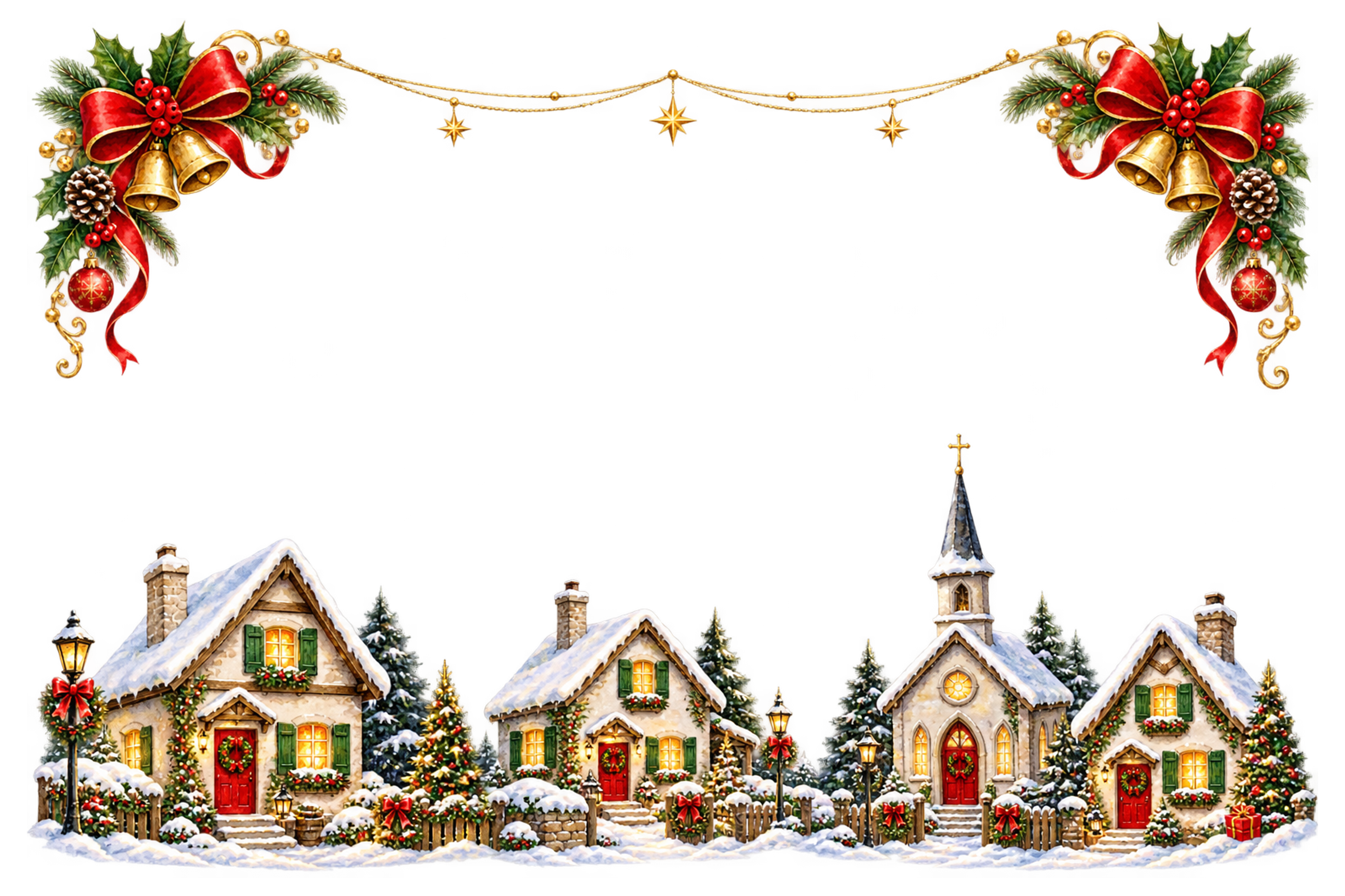 雪の村と赤いクリスマス飾り｜おしゃれなクリスマスメッセージカード・フレームの無料イラスト96543に写真・文字を入れる