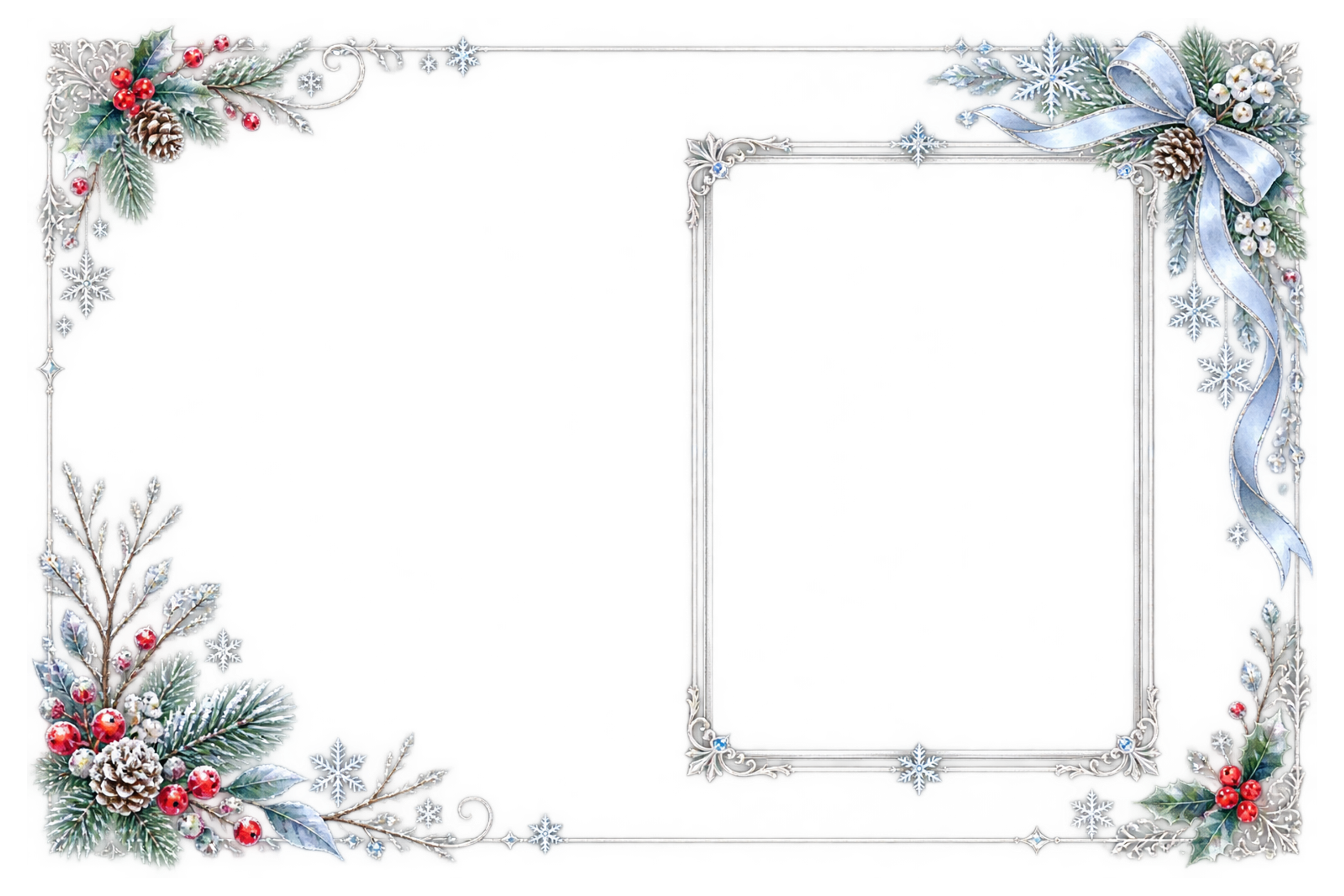 右に写真・左に文字を入れるクリスマスフレーム｜おしゃれなメッセージカードの無料イラスト96557に写真・文字を入れる