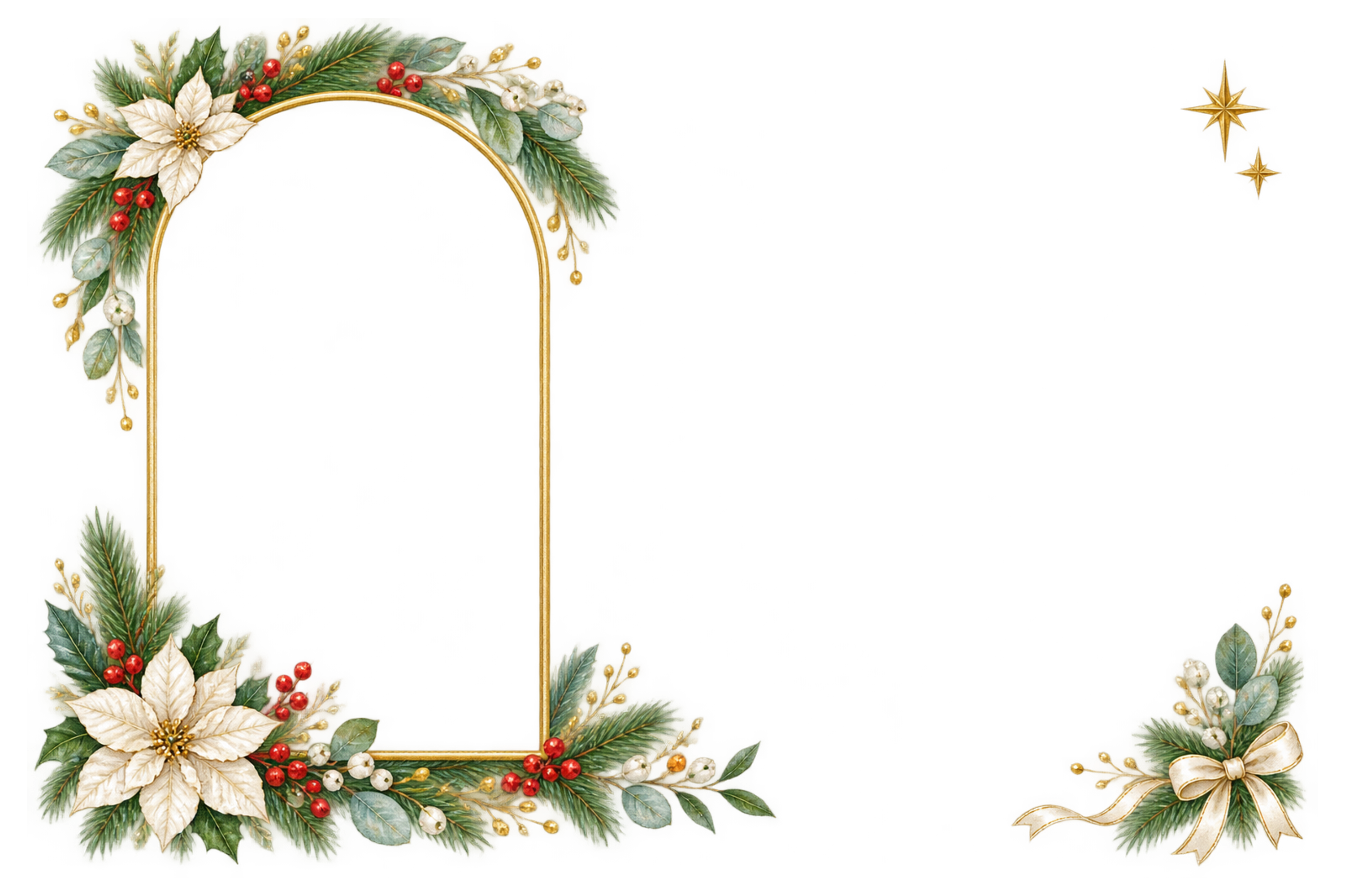 金のアーチと白い花のクリスマスフレーム｜おしゃれなメッセージカードの無料イラスト96558に写真・文字を入れる