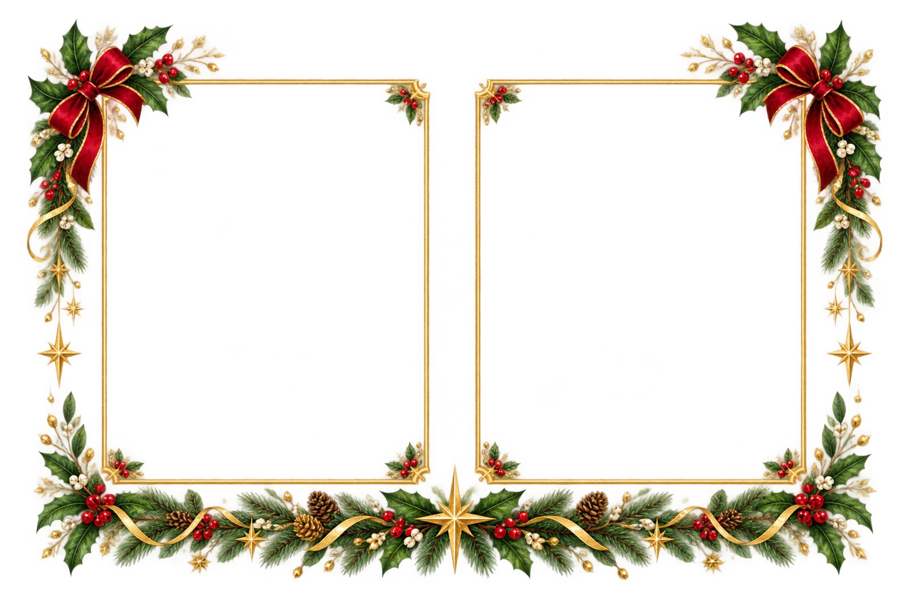 写真を2枚並べる赤いリボンのクリスマスフレーム｜おしゃれなメッセージカードの無料イラスト96561に写真・文字を入れる