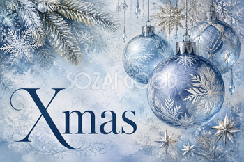 Xmasと青いオーナメント｜おしゃれなクリスマスメッセージカードの無料イラスト96568