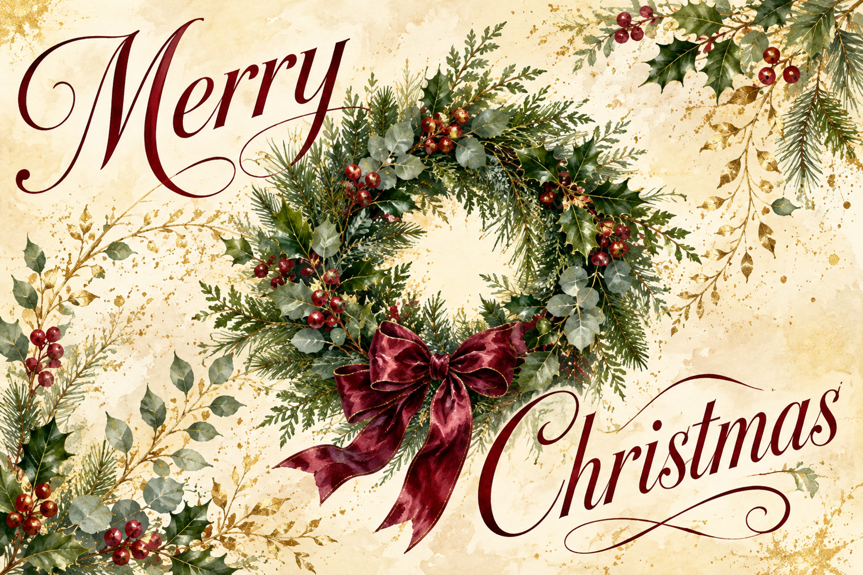 赤い英語文字とクリスマスリース｜おしゃれなクリスマスメッセージカードの無料イラスト96569に写真・文字を入れる
