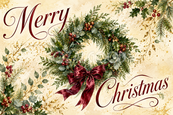 赤い英語文字とクリスマスリース｜おしゃれなクリスマスメッセージカードの無料イラスト96569