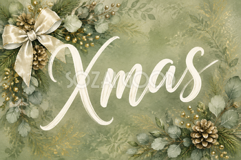 白い筆記体のXmasとユーカリ｜おしゃれなクリスマスメッセージカードの無料イラスト96572