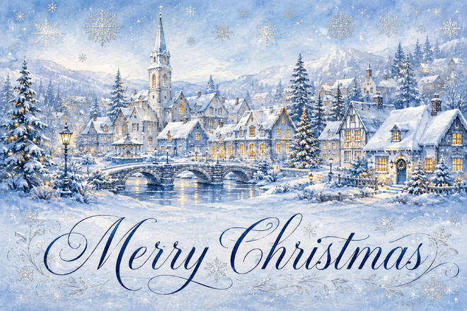 雪の村と下段のメリークリスマス|おしゃれなクリスマスメッセージカードの無料イラスト96574