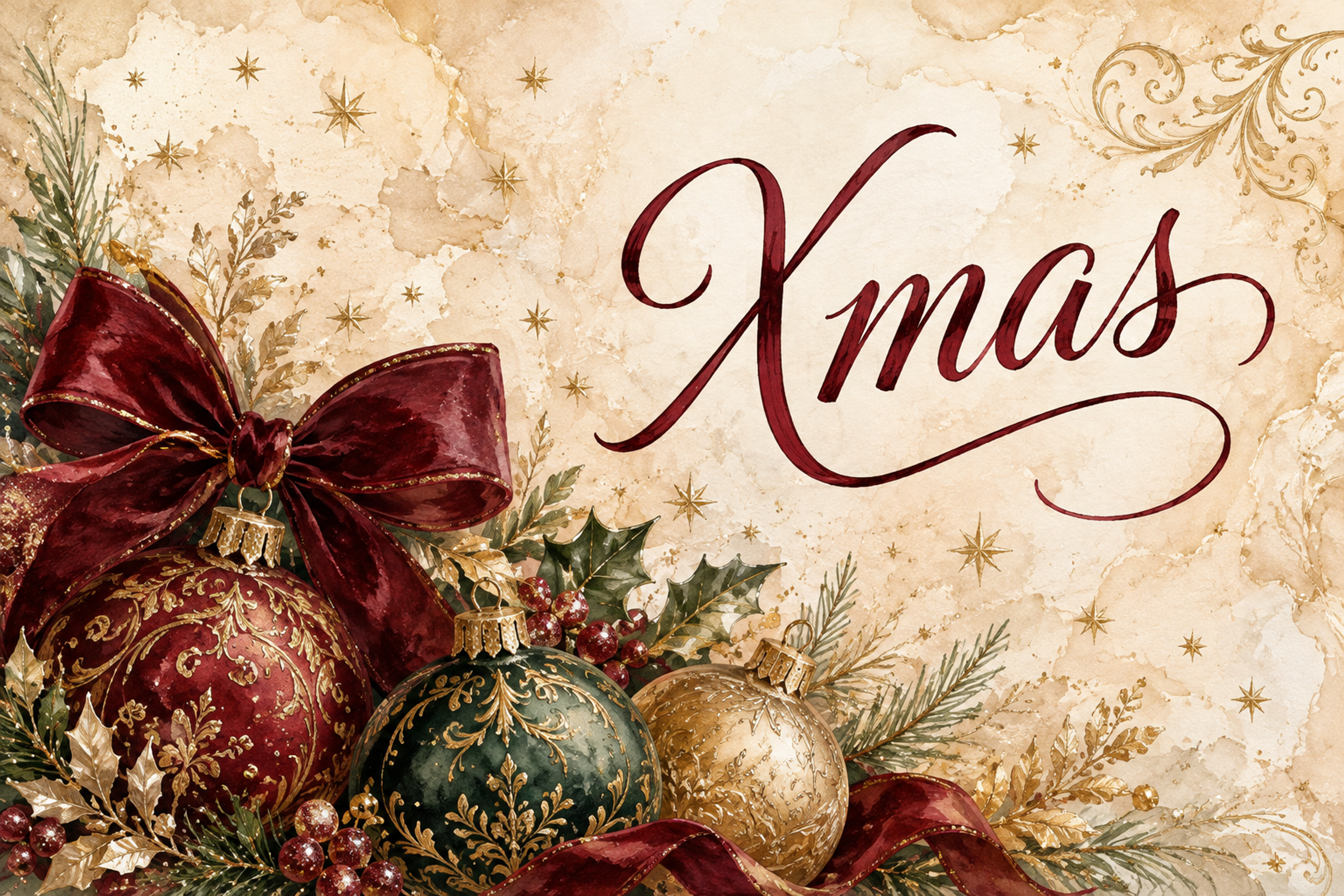 赤いXmasと華やかなオーナメント｜おしゃれなクリスマスメッセージカードの無料イラスト96577に写真・文字を入れる
