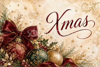 赤いXmasと華やかなオーナメント｜おしゃれなクリスマスメッセージカードの無料イラスト96577
