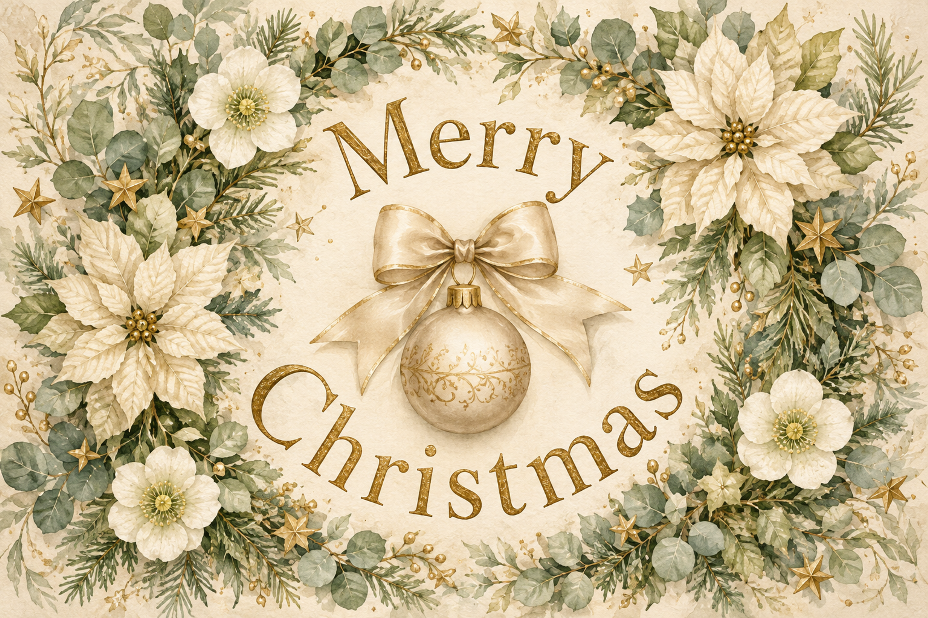 白い花と円を描くメリークリスマス｜おしゃれなクリスマスメッセージカードの無料イラスト96578に写真・文字を入れる