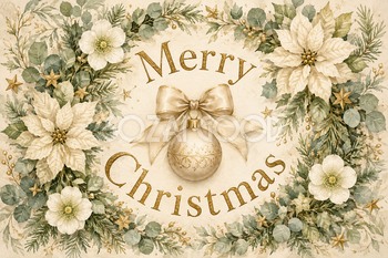 白い花と円を描くメリークリスマス｜おしゃれなクリスマスメッセージカードの無料イラスト96578