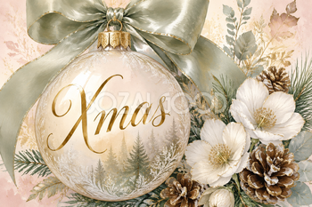 ガラスのオーナメントに入ったXmas｜おしゃれなクリスマスメッセージカードの無料イラスト96582