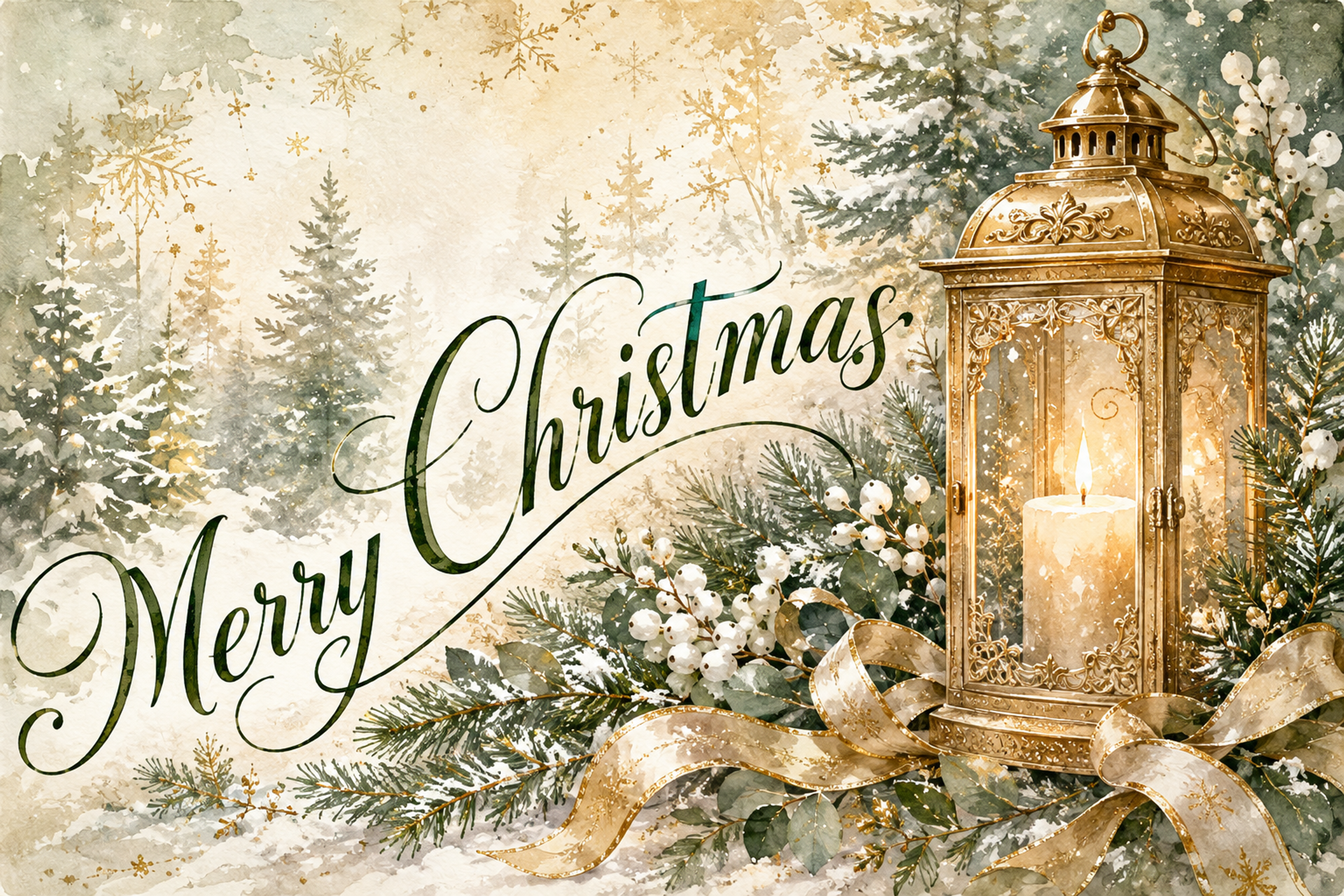 金色のランタンと流れるメリークリスマス｜おしゃれなクリスマスメッセージカードの無料イラスト96583に写真・文字を入れる