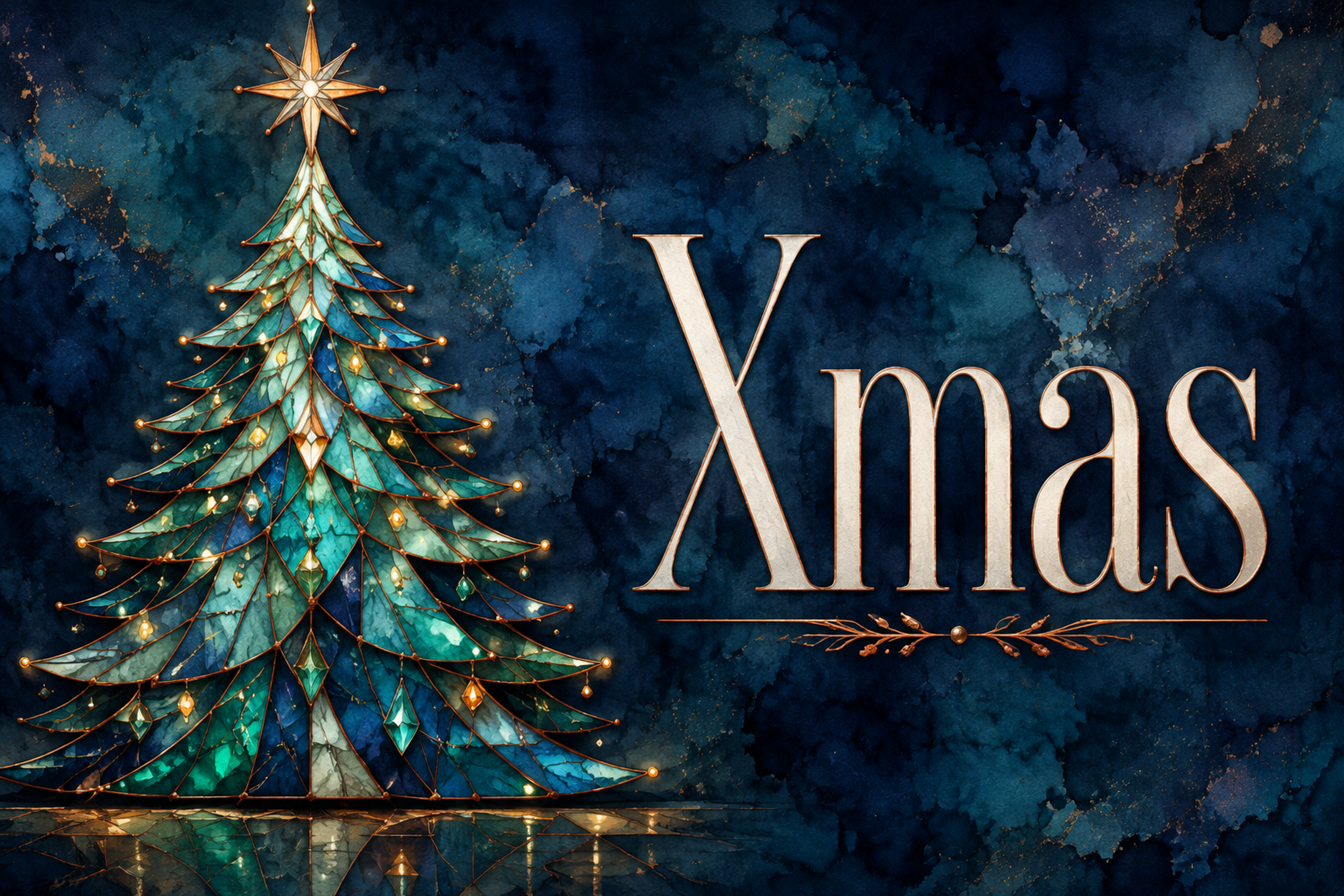 青緑のステンドグラスツリーとXmas｜おしゃれなクリスマスメッセージカードの無料イラスト96589に写真・文字を入れる