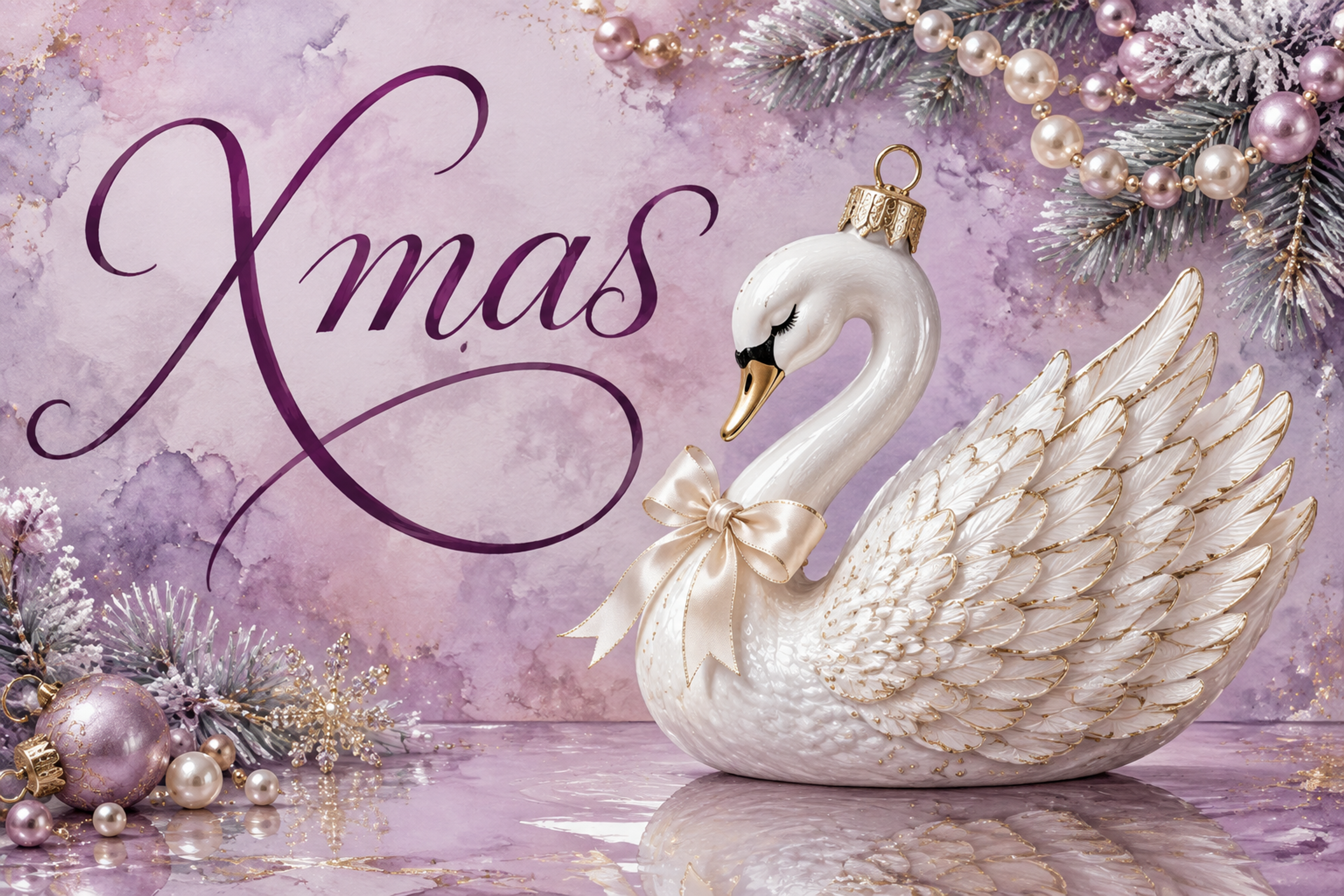 白鳥の飾りと真珠のXmas｜おしゃれなクリスマスメッセージカードの無料イラスト96591に写真・文字を入れる