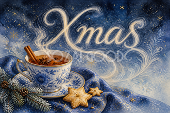 青いティーカップと湯気のXmas｜おしゃれなクリスマスメッセージカードの無料イラスト96598