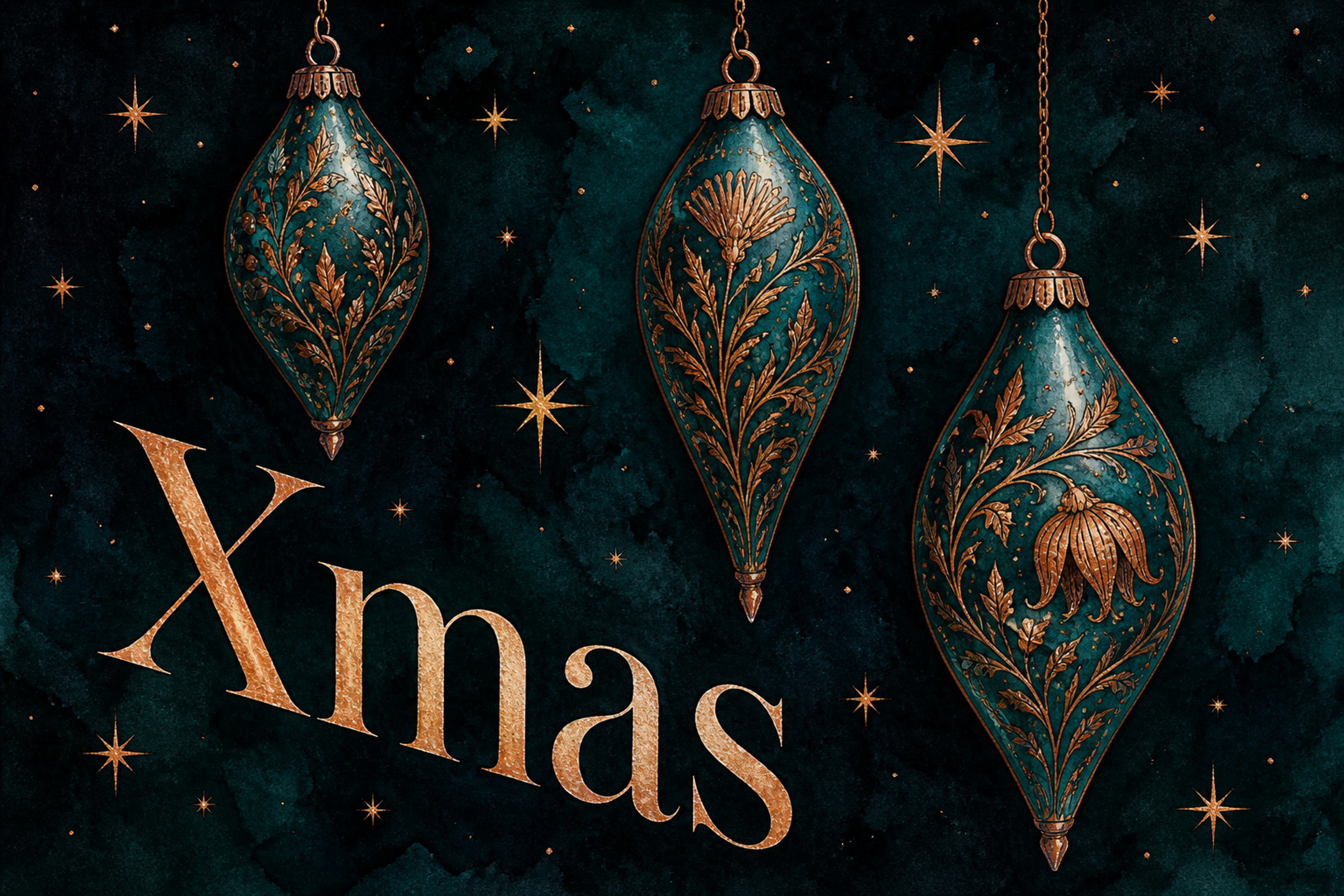 青緑と銅色のオーナメントとXmas｜おしゃれなクリスマスメッセージカードの無料イラスト96601に写真・文字を入れる