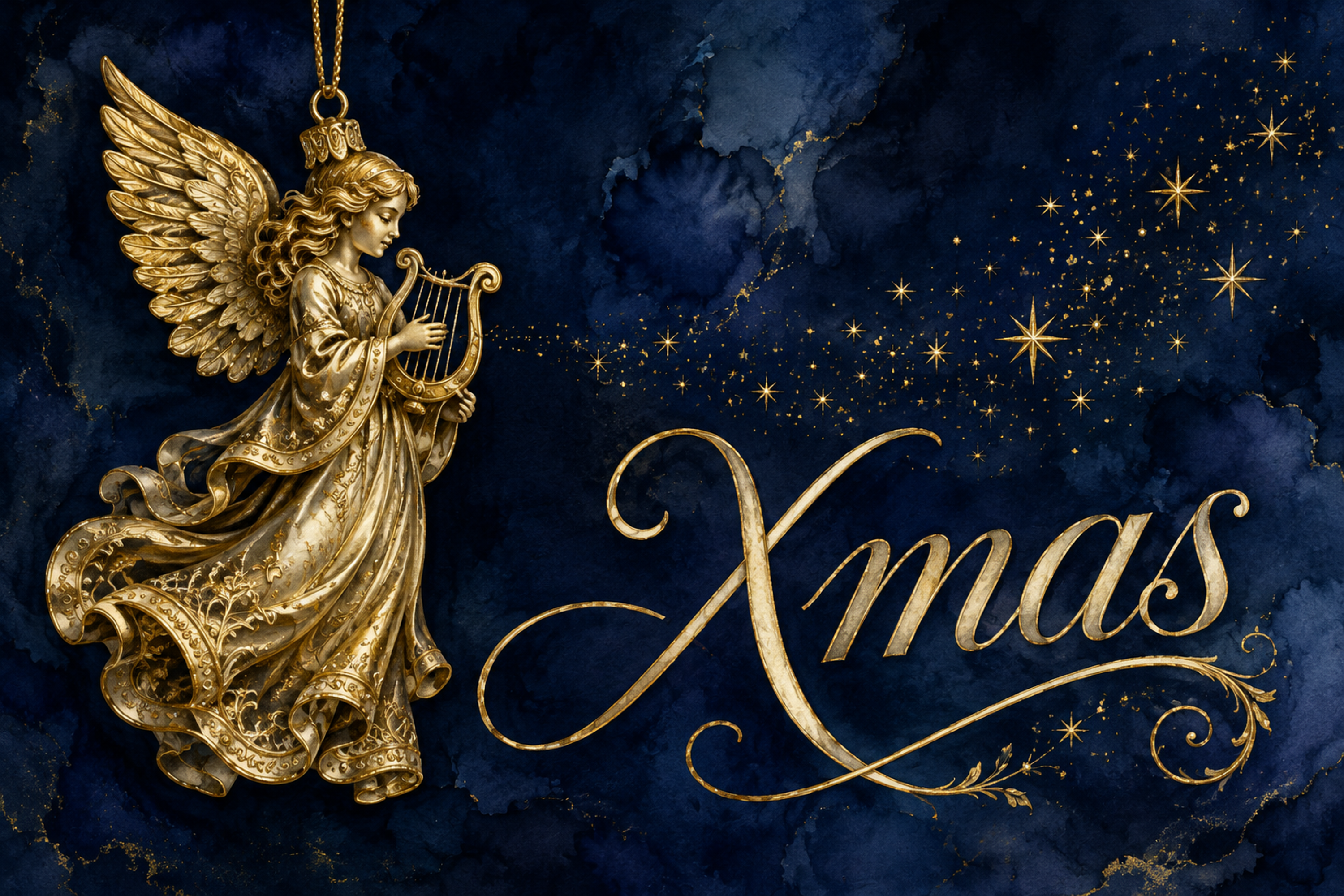 金の天使と星空のXmas｜おしゃれなクリスマスメッセージカードの無料イラスト96603に写真・文字を入れる