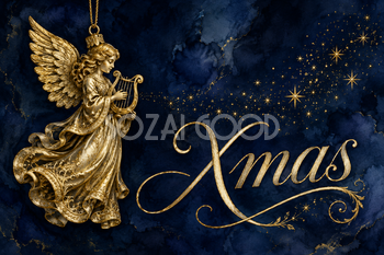 金の天使と星空のXmas｜おしゃれなクリスマスメッセージカードの無料イラスト96603