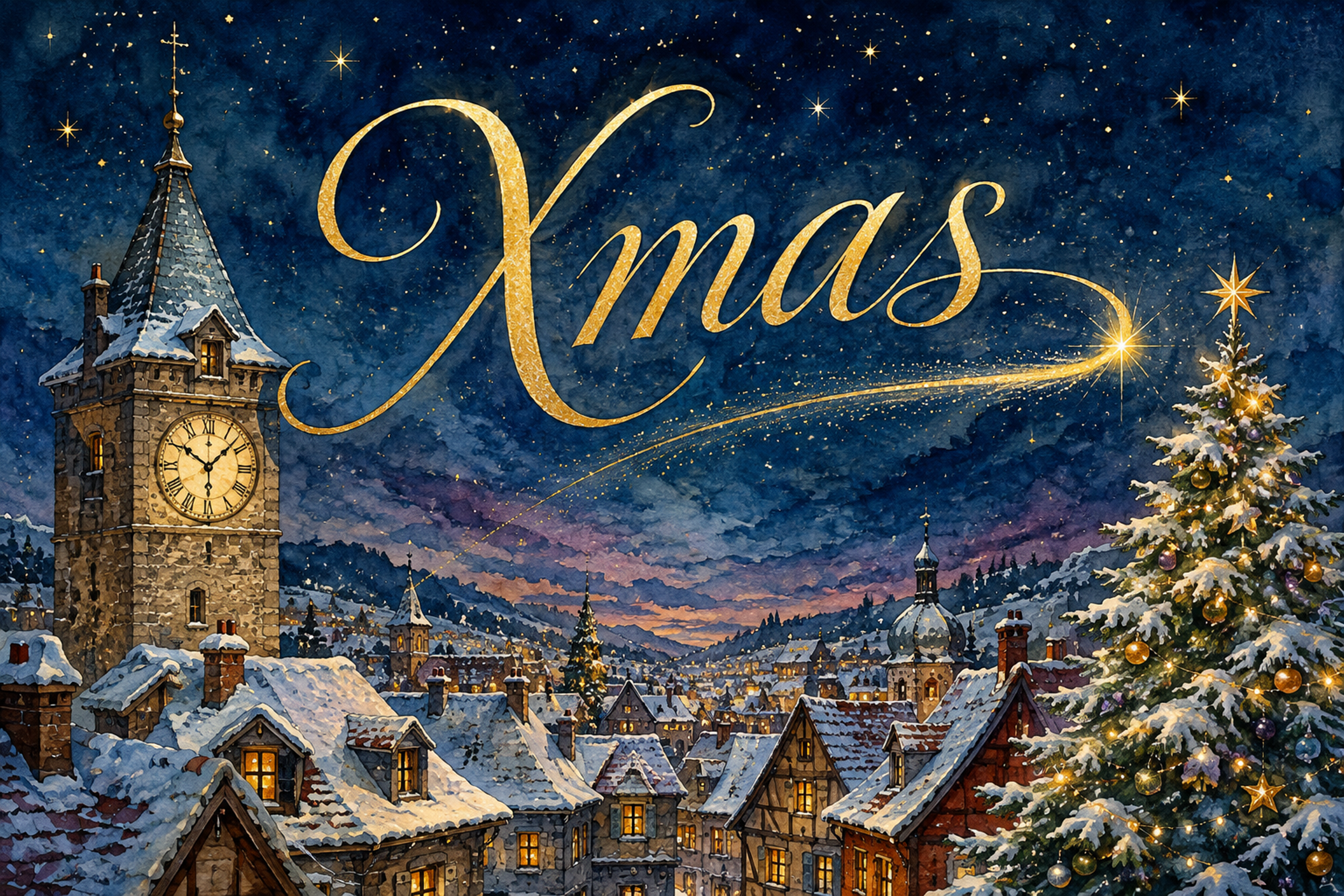 雪の時計塔と星空のXmas｜おしゃれなクリスマスメッセージカードの無料イラスト96607に写真・文字を入れる
