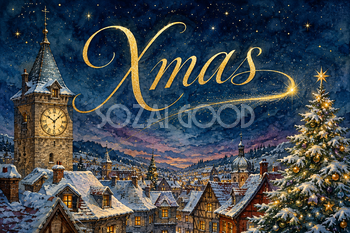 雪の時計塔と星空のXmas｜おしゃれなクリスマスメッセージカードの無料イラスト96607
