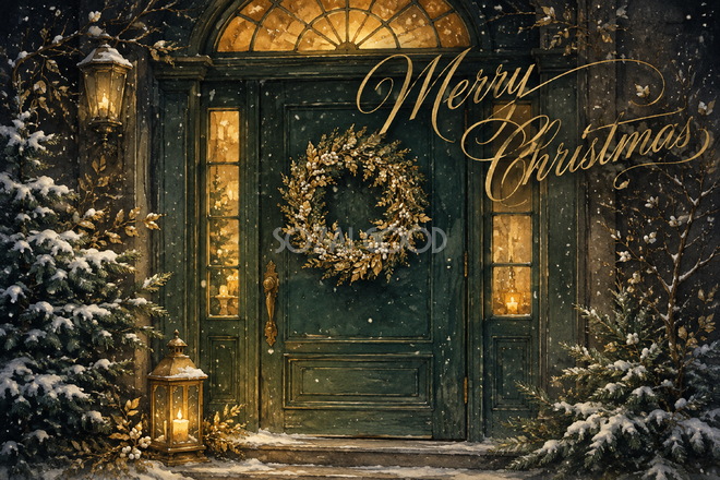 深緑の扉と金のリース|おしゃれなMerry Christmasメッセージカード・フレームに飾れる無料イラスト96609