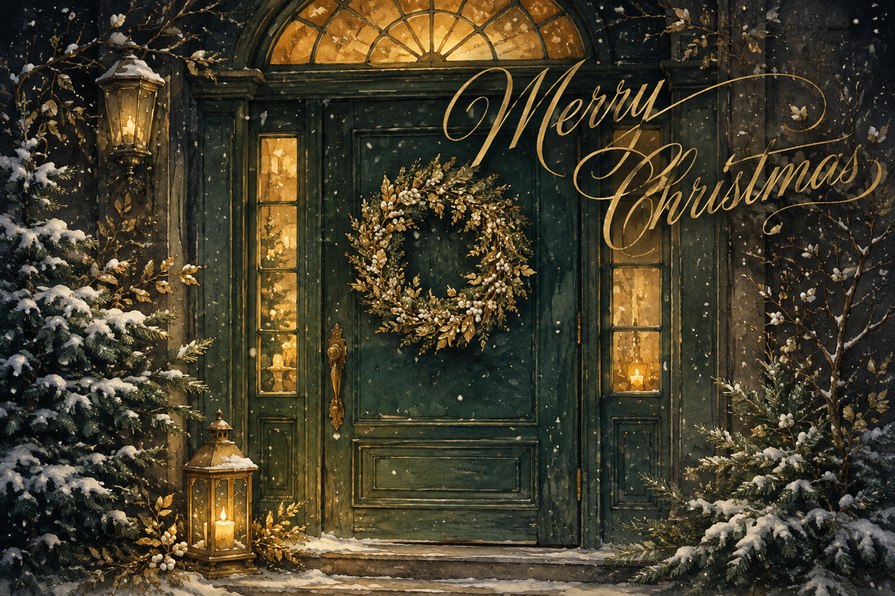 深緑の扉と金のリース｜おしゃれなMerry Christmasメッセージカード・フレームに飾れる無料イラスト96609に写真・文字を入れる