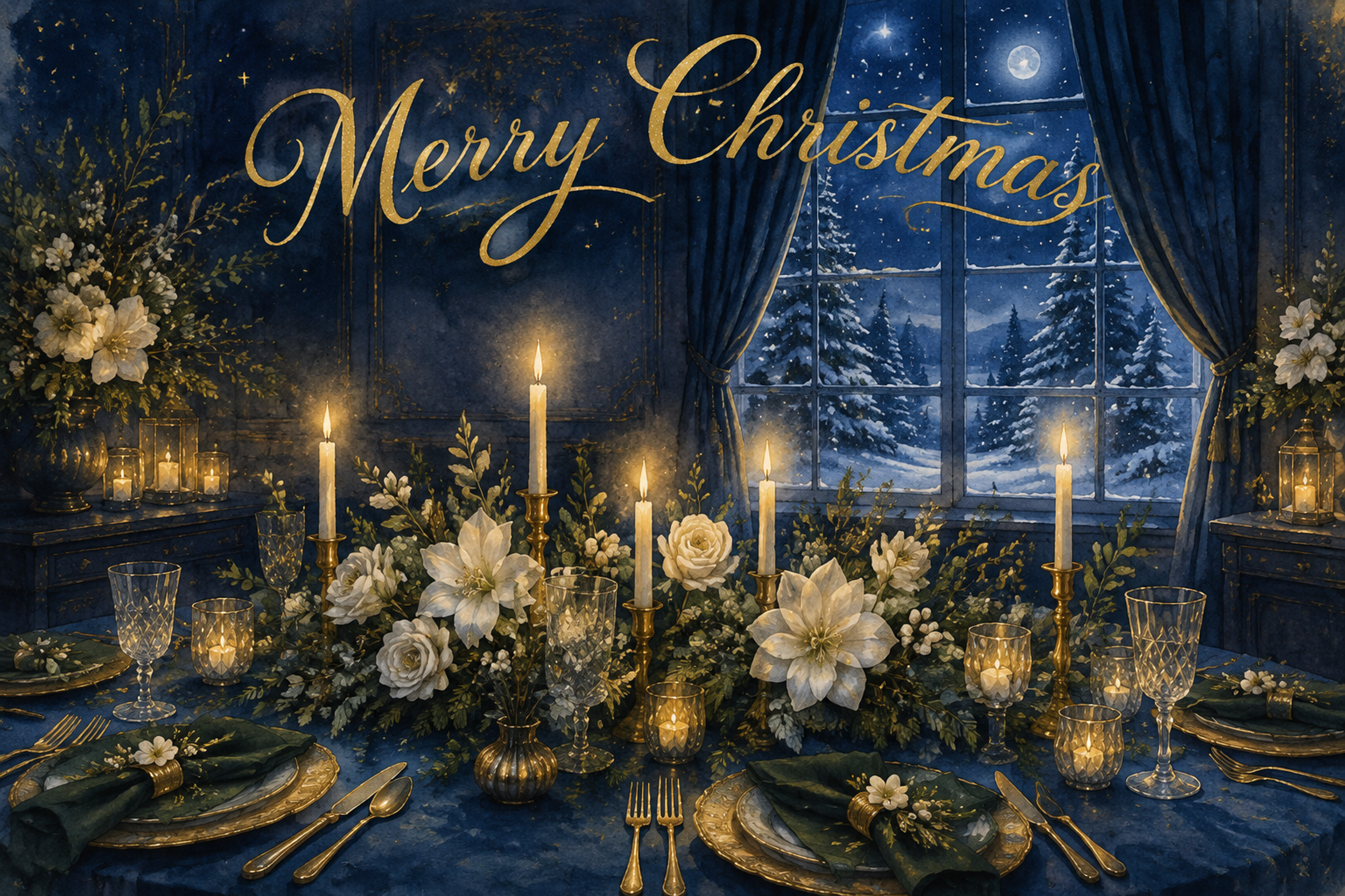 紺碧の聖夜の食卓｜おしゃれなMerry Christmasメッセージカード・フレームに飾れる無料イラスト96611に写真・文字を入れる