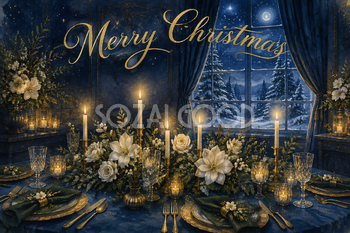 紺碧の聖夜の食卓｜おしゃれなMerry Christmasメッセージカード・フレームに飾れる無料イラスト96611