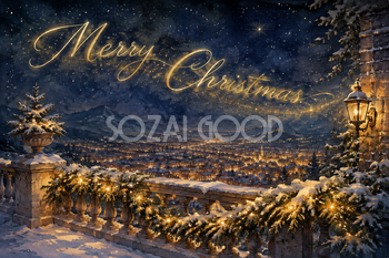 雪のバルコニーと街の灯り｜おしゃれなMerry Christmasメッセージカード・フレームに飾れる無料イラスト96613